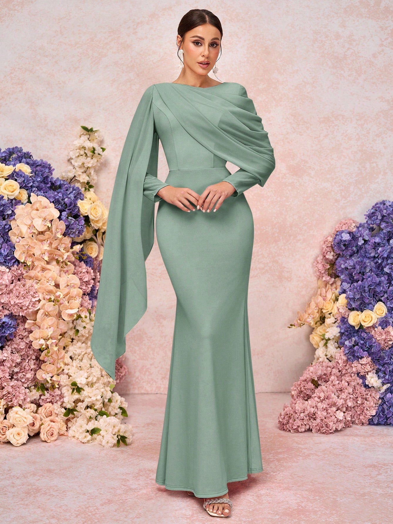 Belle Elegant & Romantic Crew Neck Long Sleeve Pleated Decor Asymmetrical Mermaid Hem Knit Bridesmaid Dress - image 15