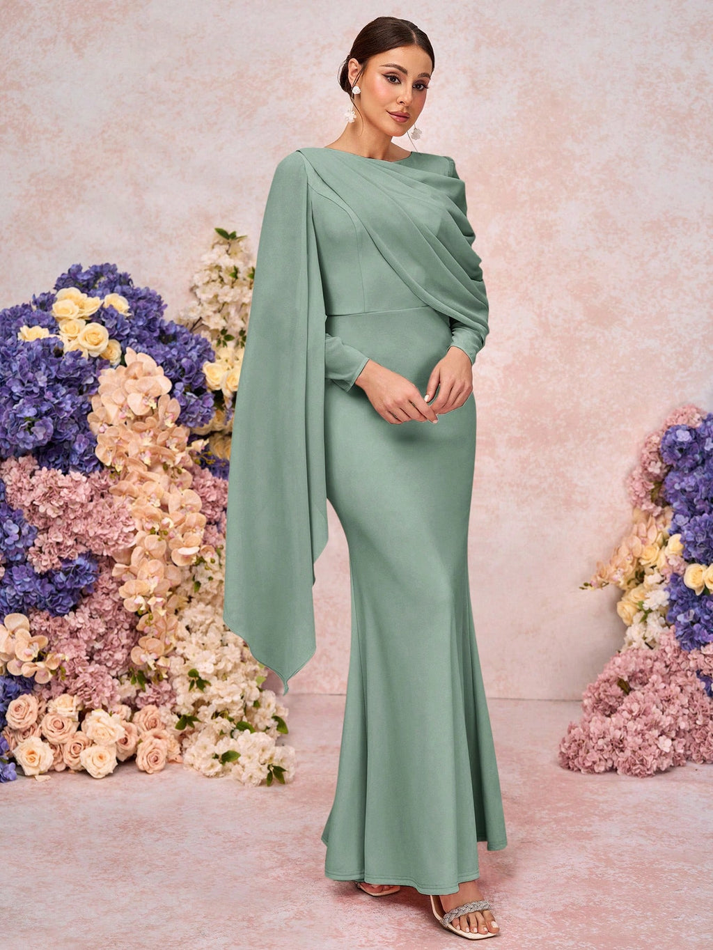 Belle Elegant & Romantic Crew Neck Long Sleeve Pleated Decor Asymmetrical Mermaid Hem Knit Bridesmaid Dress - image 16