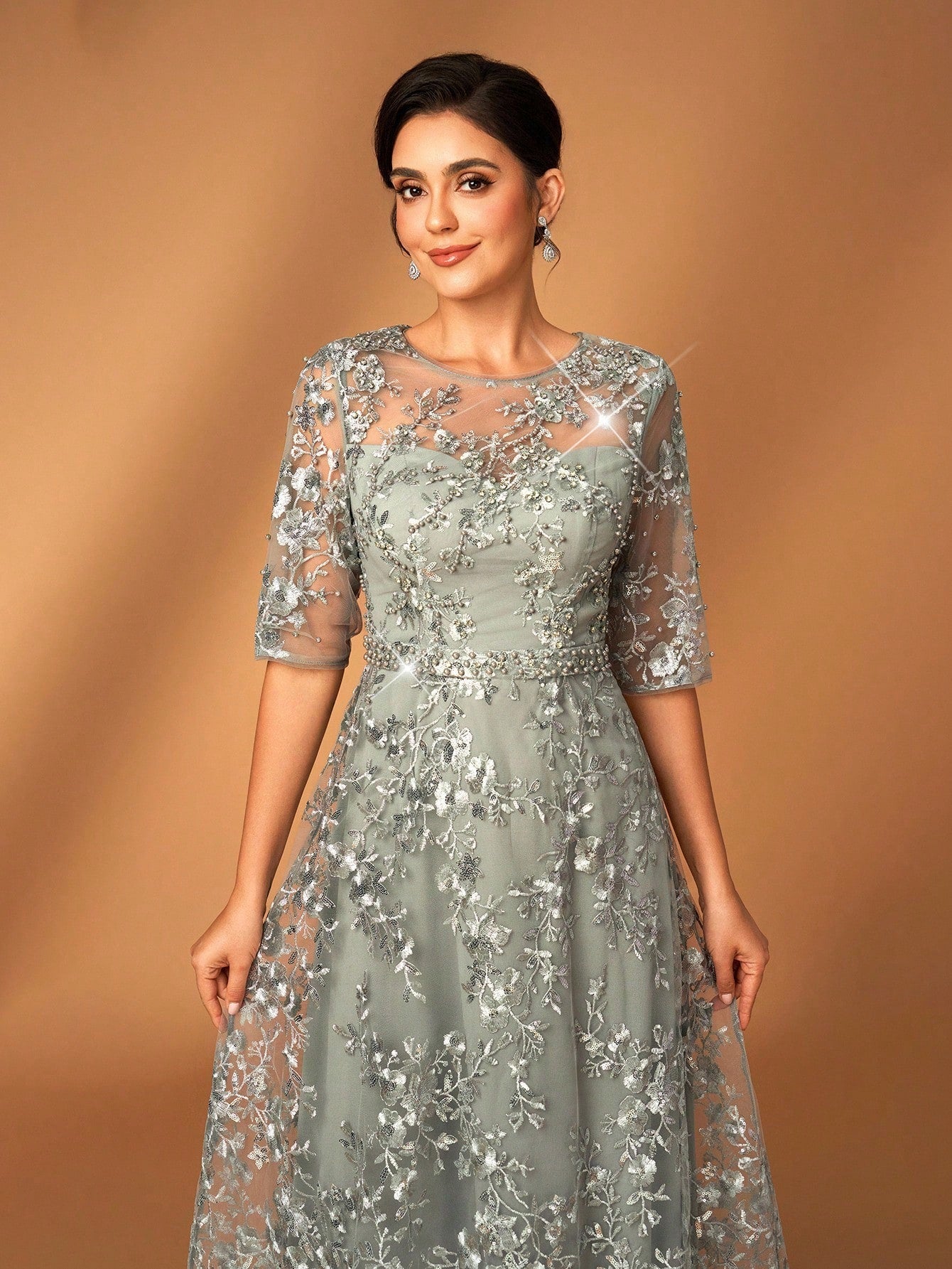 Serin Dusty Pink,Summer,Elegant,Brides Maid,Formal Party,Wedding Dress,Lace V-Neck Sheer Short Sleeve A-Line - image 2