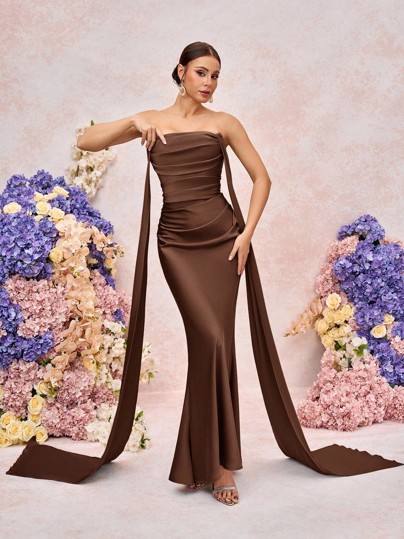 Belle Elegant Romantic Green Woven Matte Flutter Decor Open Shoulder Sweetheart Fitted Fishtail Bridesmaid - image 11