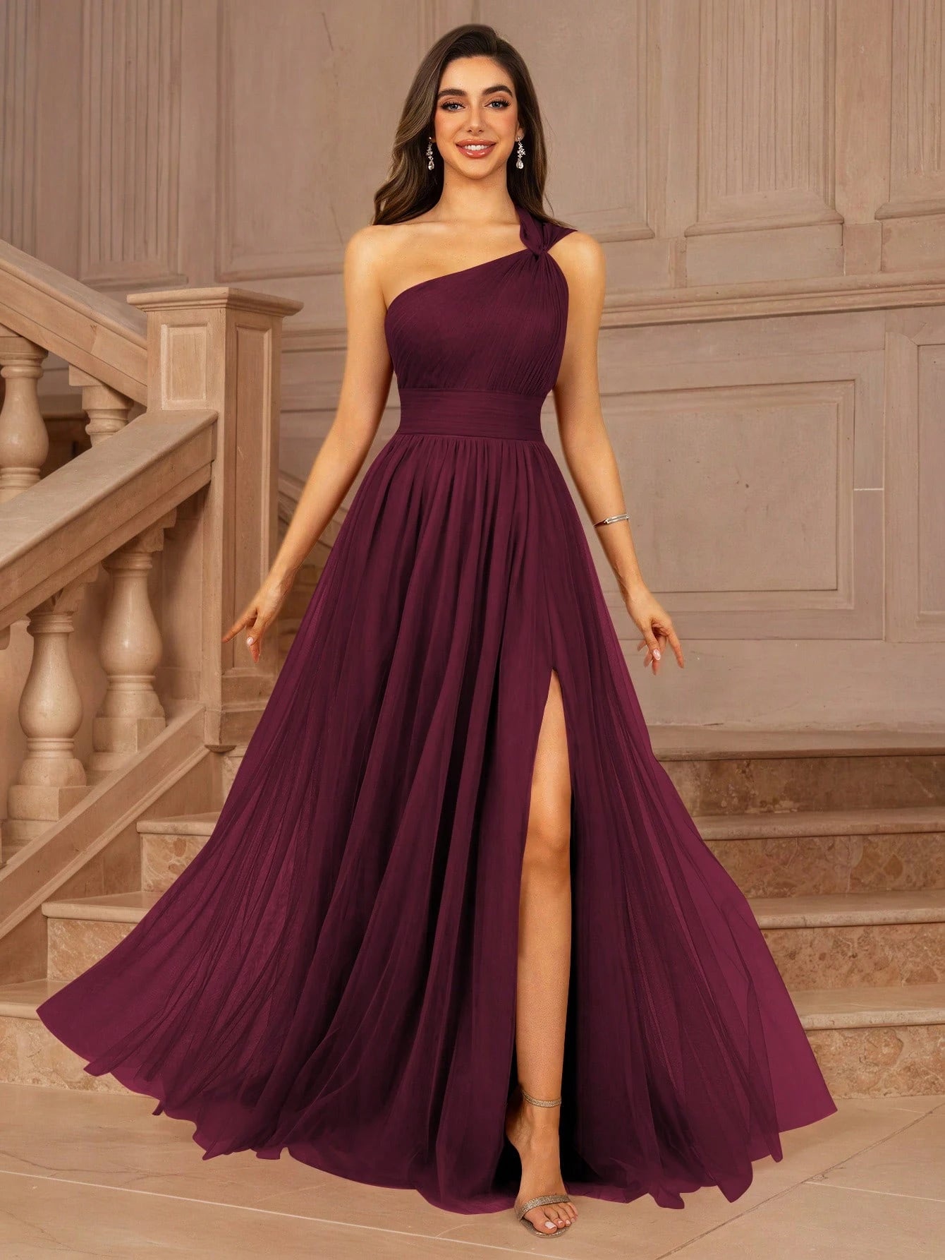 MOEVIO Women's Asymmetrical One Shoulder Crossover Neckline Tulle Backless Overlay A-Line Formal Long - image 6