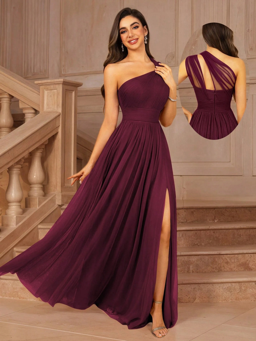 MOEVIO Women's Asymmetrical One Shoulder Crossover Neckline Tulle Backless Overlay A-Line Formal Long