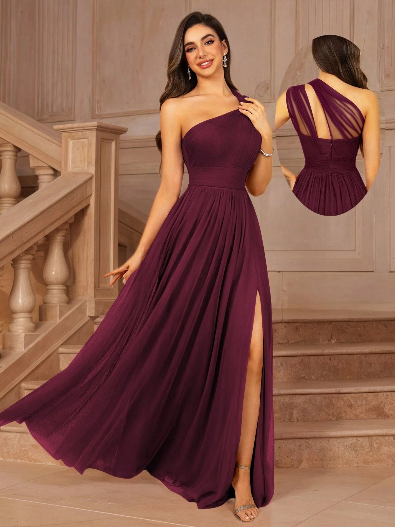 MOEVIO Women's Asymmetrical One Shoulder Crossover Neckline Tulle Backless Overlay A-Line Formal Long