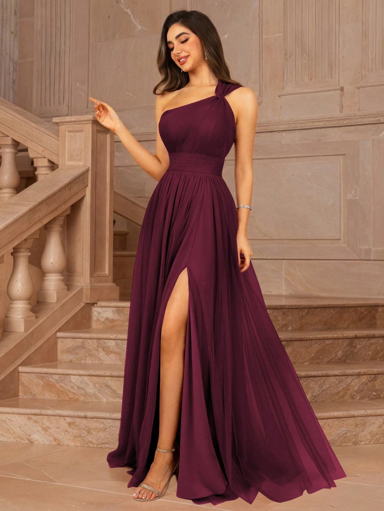 MOEVIO Women's Asymmetrical One Shoulder Crossover Neckline Tulle Backless Overlay A-Line Formal Long - image 4
