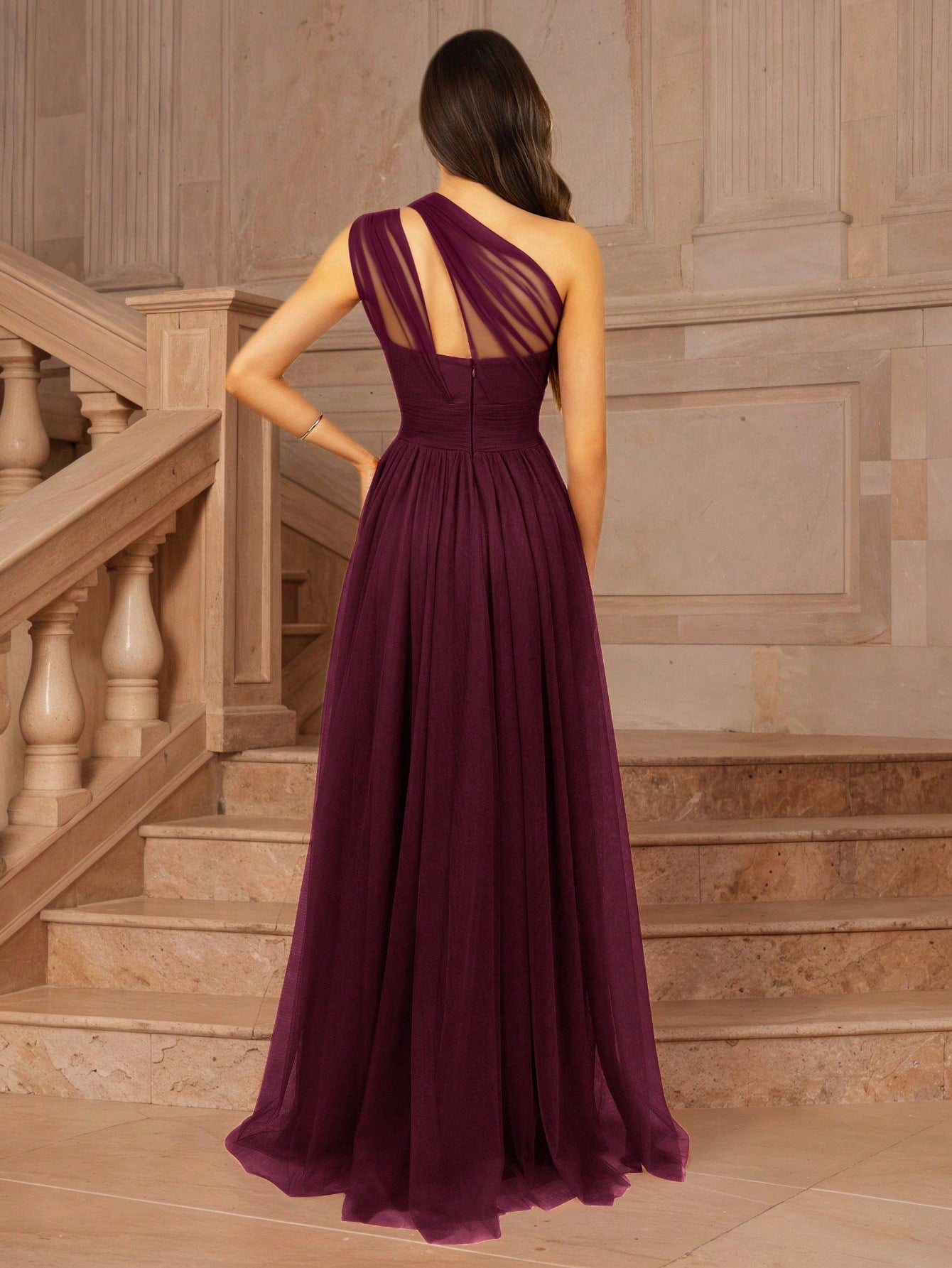 MOEVIO Women's Asymmetrical One Shoulder Crossover Neckline Tulle Backless Overlay A-Line Formal Long - image 2