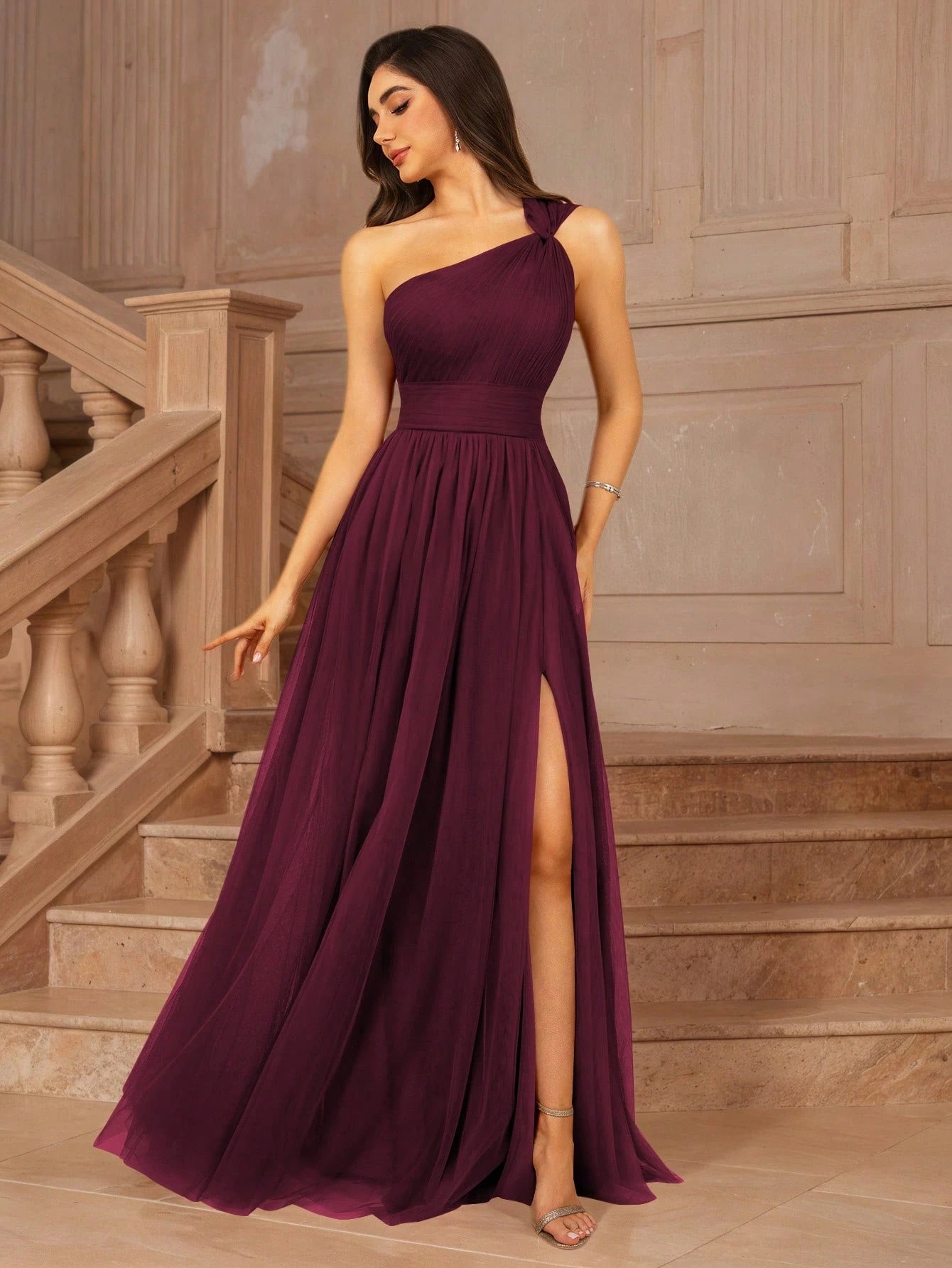 MOEVIO Women's Asymmetrical One Shoulder Crossover Neckline Tulle Backless Overlay A-Line Formal Long - image 3