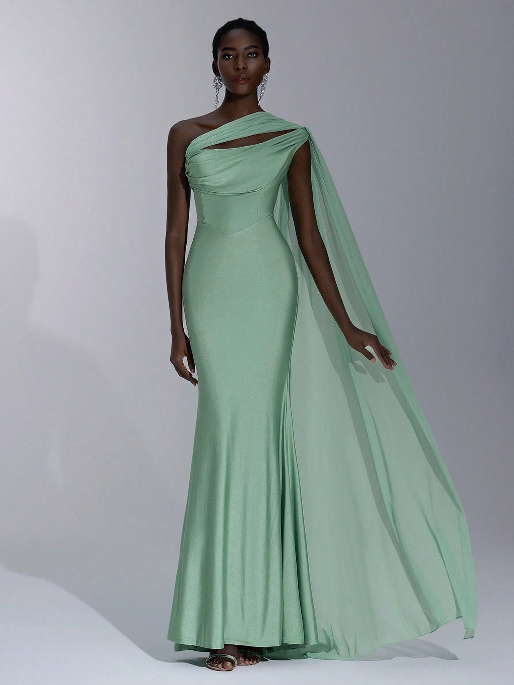 Elitara Sage Green Summer Elegant Formal Evening Wedding Guest Dress, Oblique Shoulder Halter Neck Slim - image 4
