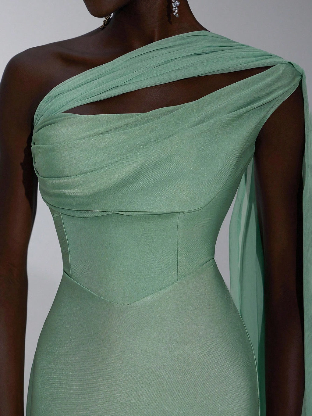 Elitara Sage Green Summer Elegant Formal Evening Wedding Guest Dress, Oblique Shoulder Halter Neck Slim - image 5