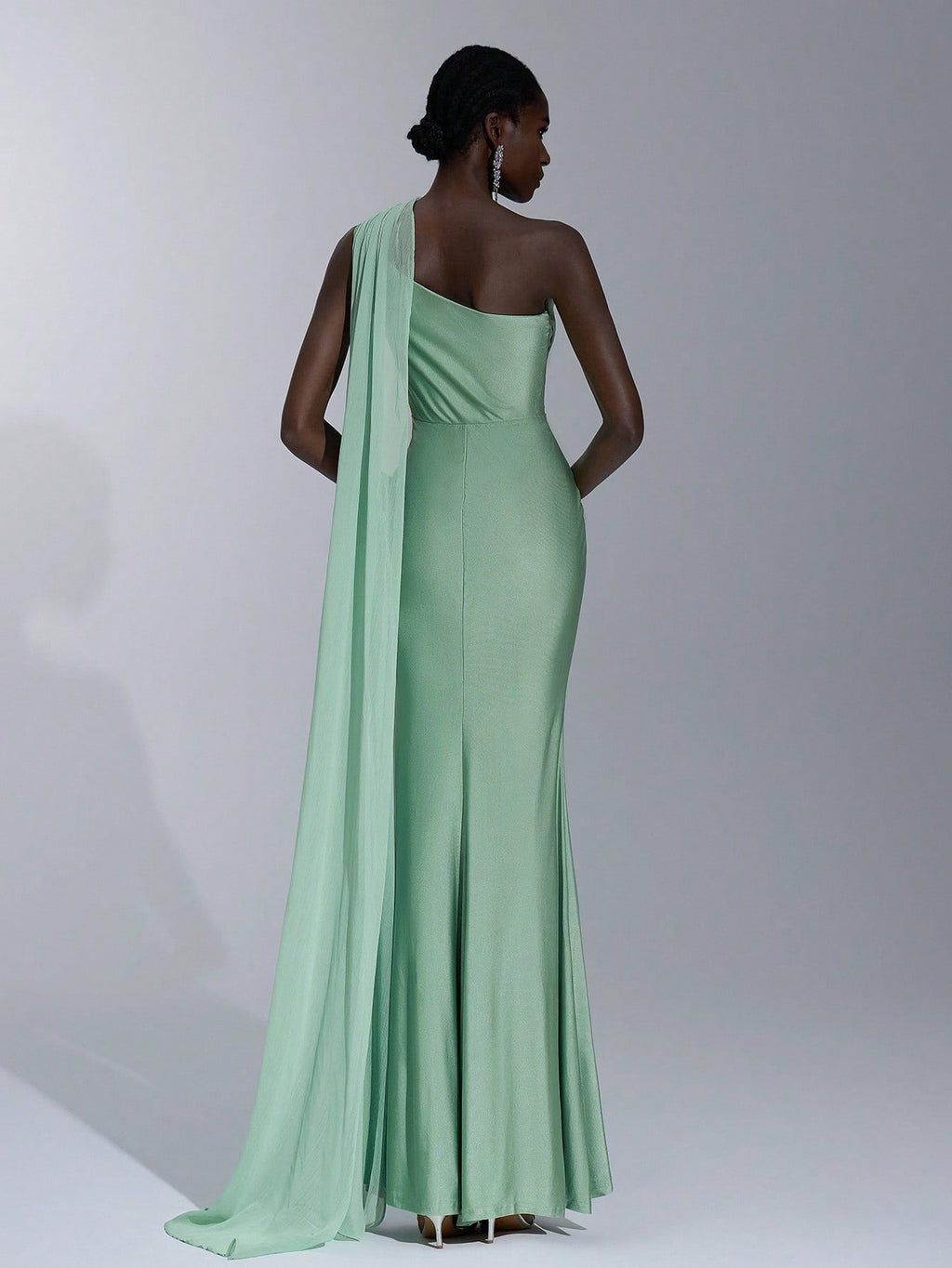 Elitara Sage Green Summer Elegant Formal Evening Wedding Guest Dress, Oblique Shoulder Halter Neck Slim - image 3