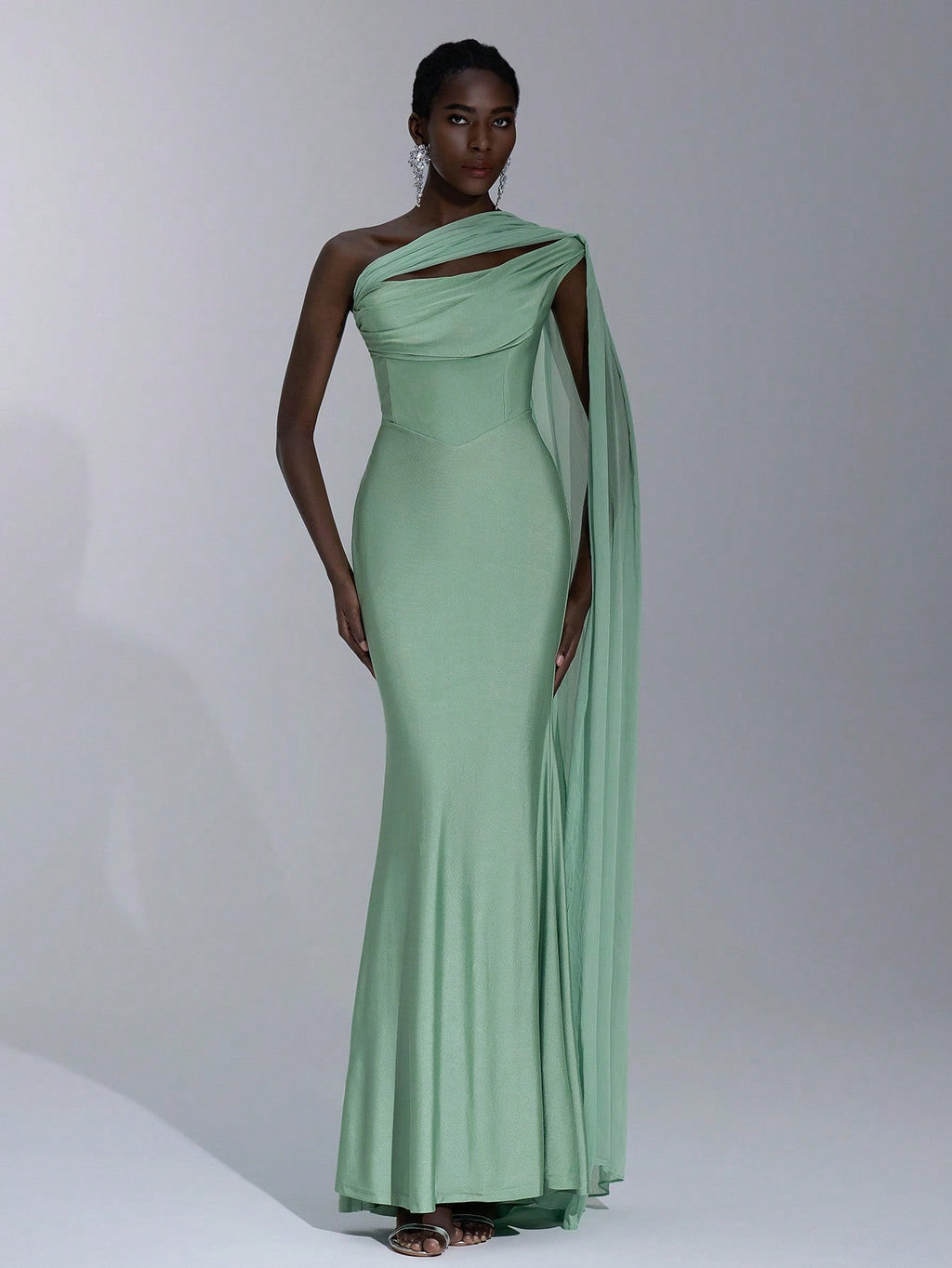 Elitara Sage Green Summer Elegant Formal Evening Wedding Guest Dress, Oblique Shoulder Halter Neck Slim - image 6