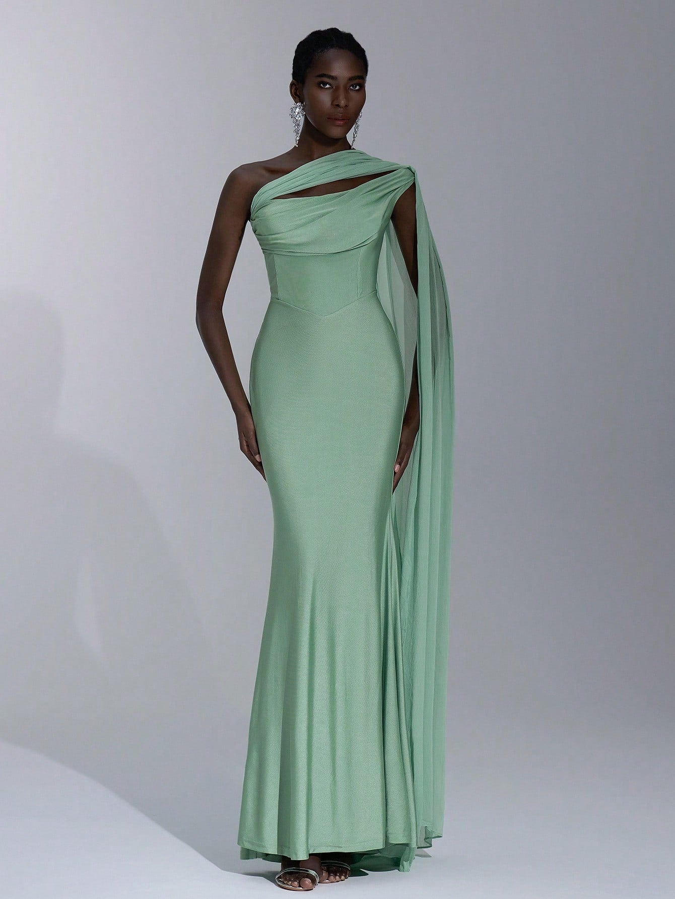 Elitara Sage Green Summer Elegant Formal Evening Wedding Guest Dress, Oblique Shoulder Halter Neck Slim - image 6
