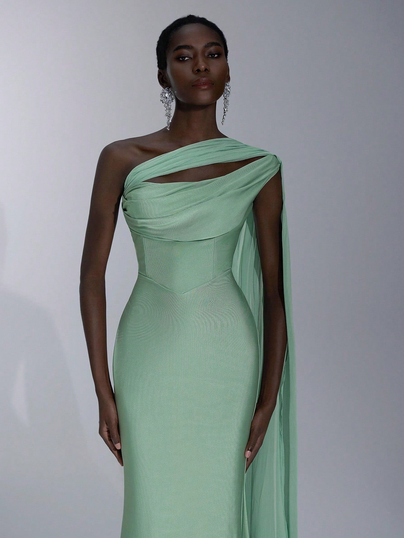 Elitara Sage Green Summer Elegant Formal Evening Wedding Guest Dress, Oblique Shoulder Halter Neck Slim - image 2