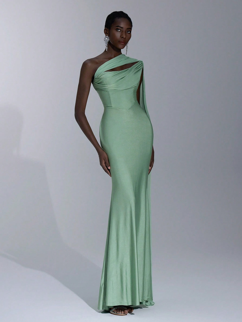 Elitara Sage Green Summer Elegant Formal Evening Wedding Guest Dress, Oblique Shoulder Halter Neck Slim - image 7