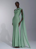 Elitara Sage Green Summer Elegant Formal Evening Wedding Guest Dress, Oblique Shoulder Halter Neck Slim