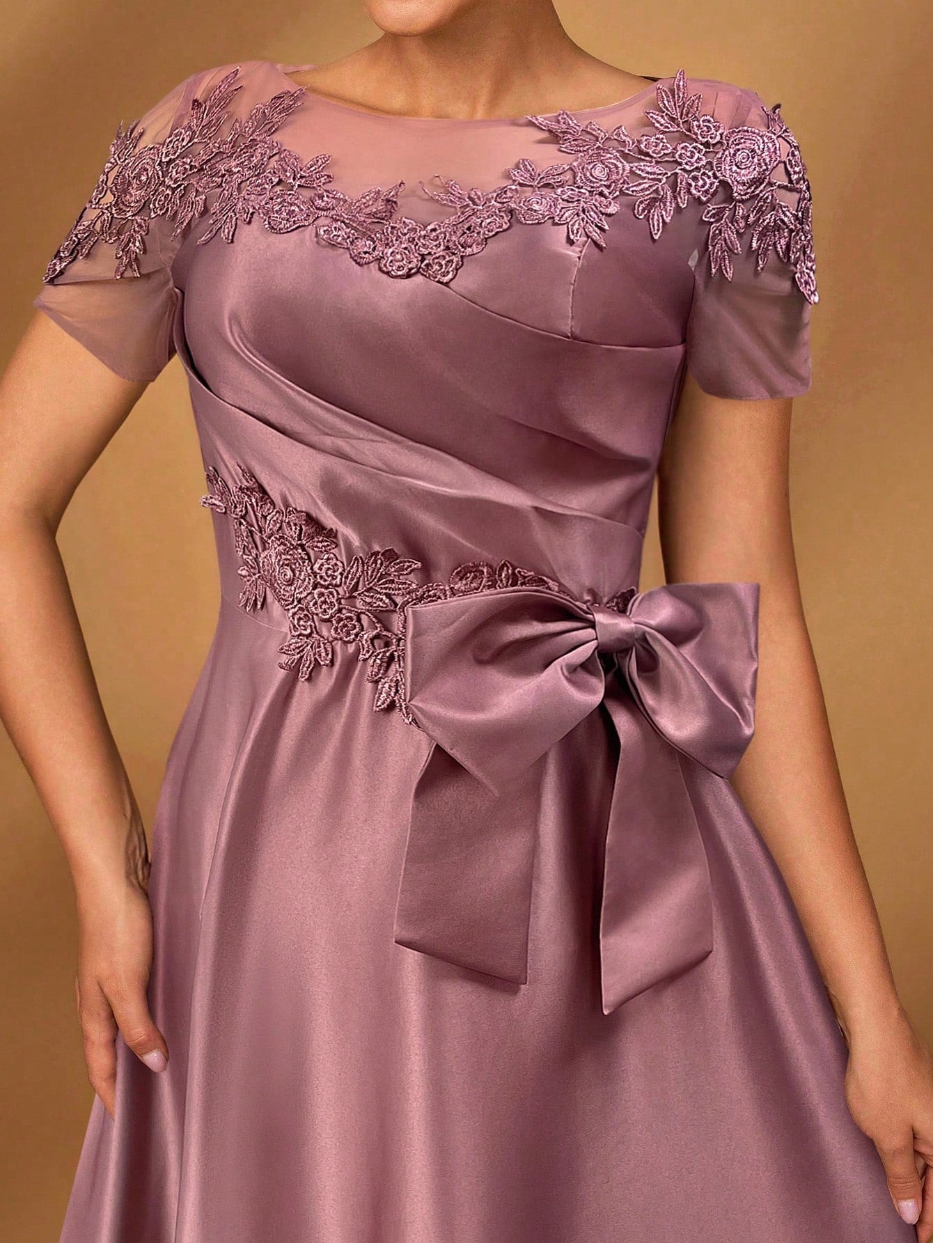 Serin Champagne Gold Elegant Winter Dinner Evening Formal Dress,Luxurious Satin Mesh Patchwork Beaded - image 10