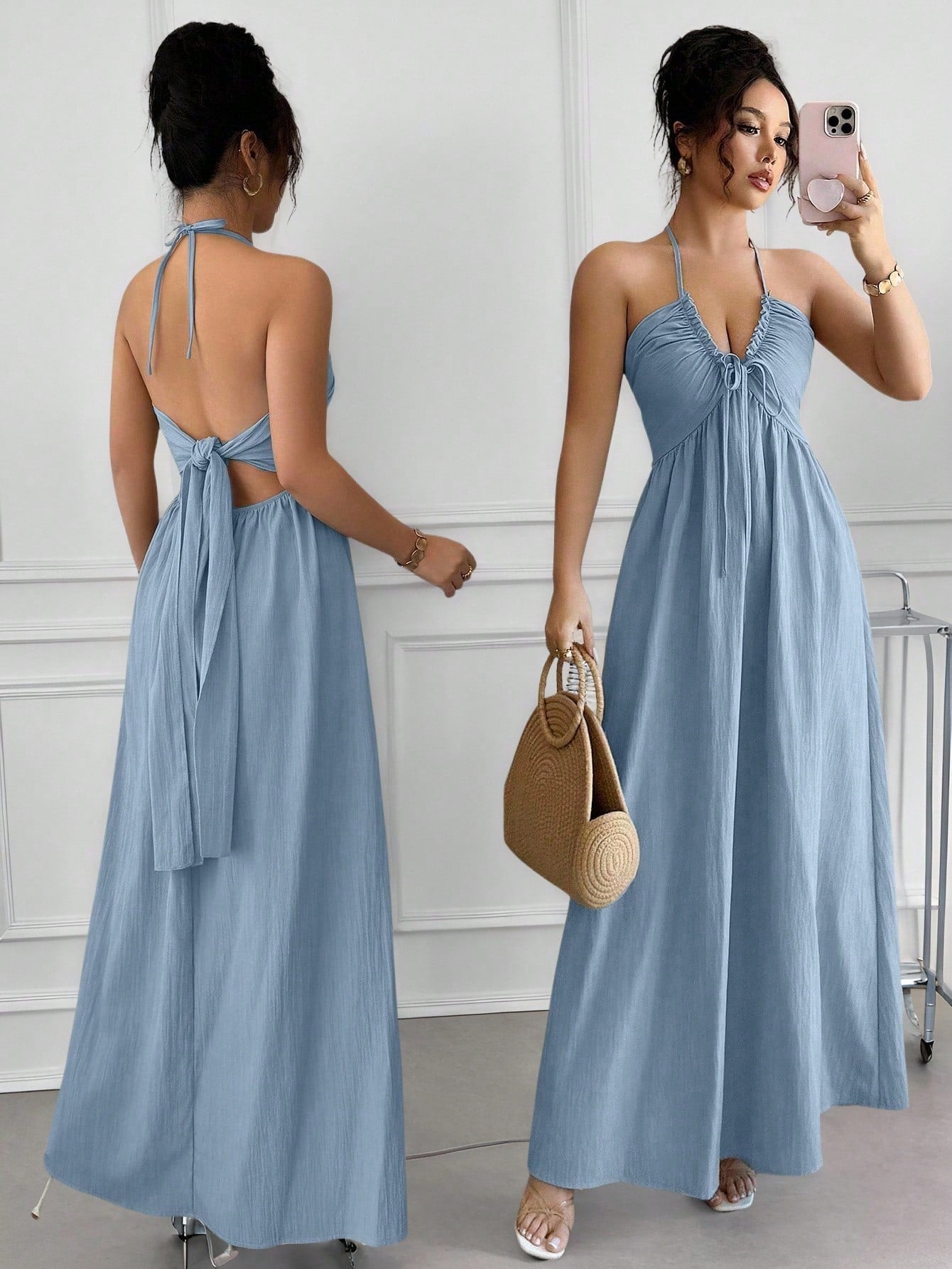 Rafferiza Women's Summer Sexy Beach Vacation Style Solid Color Halter Backless A-Line Dress Halter Dress - image 11