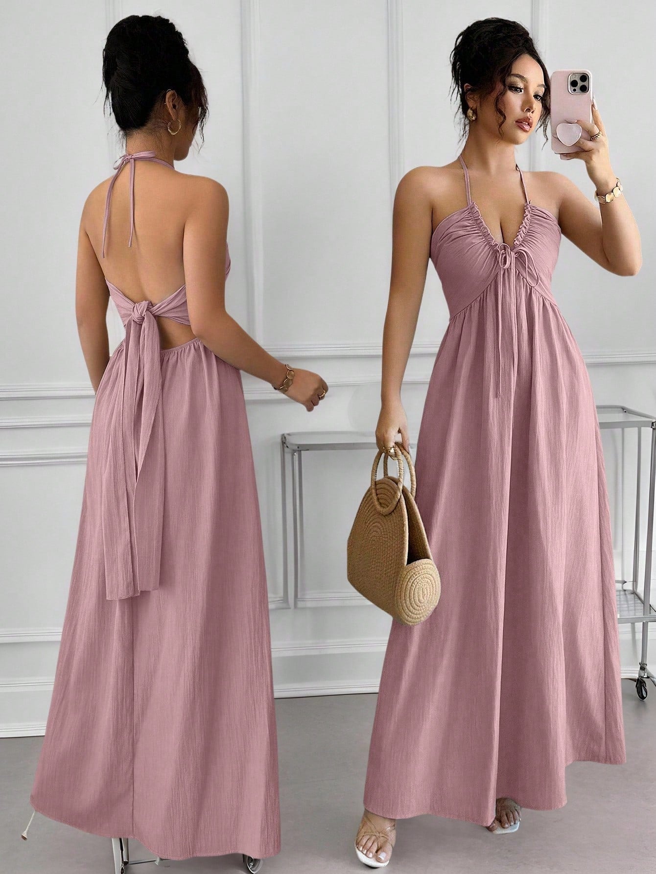 Rafferiza Women's Summer Sexy Beach Vacation Style Solid Color Halter Backless A-Line Dress Halter Dress - image 19