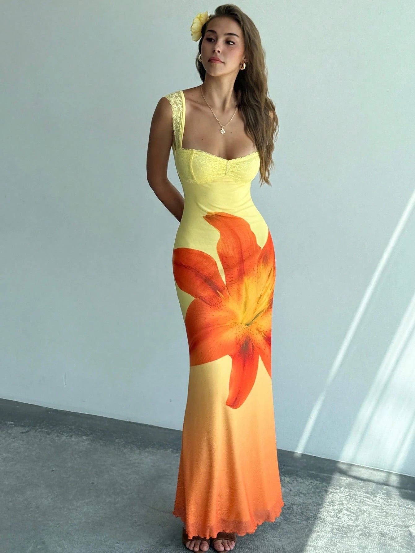 Aloruh Cream Yellow Gradient Floral Mesh Bodycon Backless Summer Dress,Flowy Tropical Holiday Vacation,Lace - image 8
