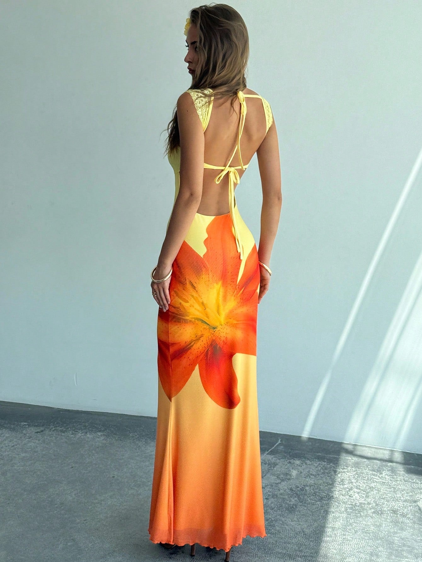 Aloruh Cream Yellow Gradient Floral Mesh Bodycon Backless Summer Dress,Flowy Tropical Holiday Vacation,Lace - image 10