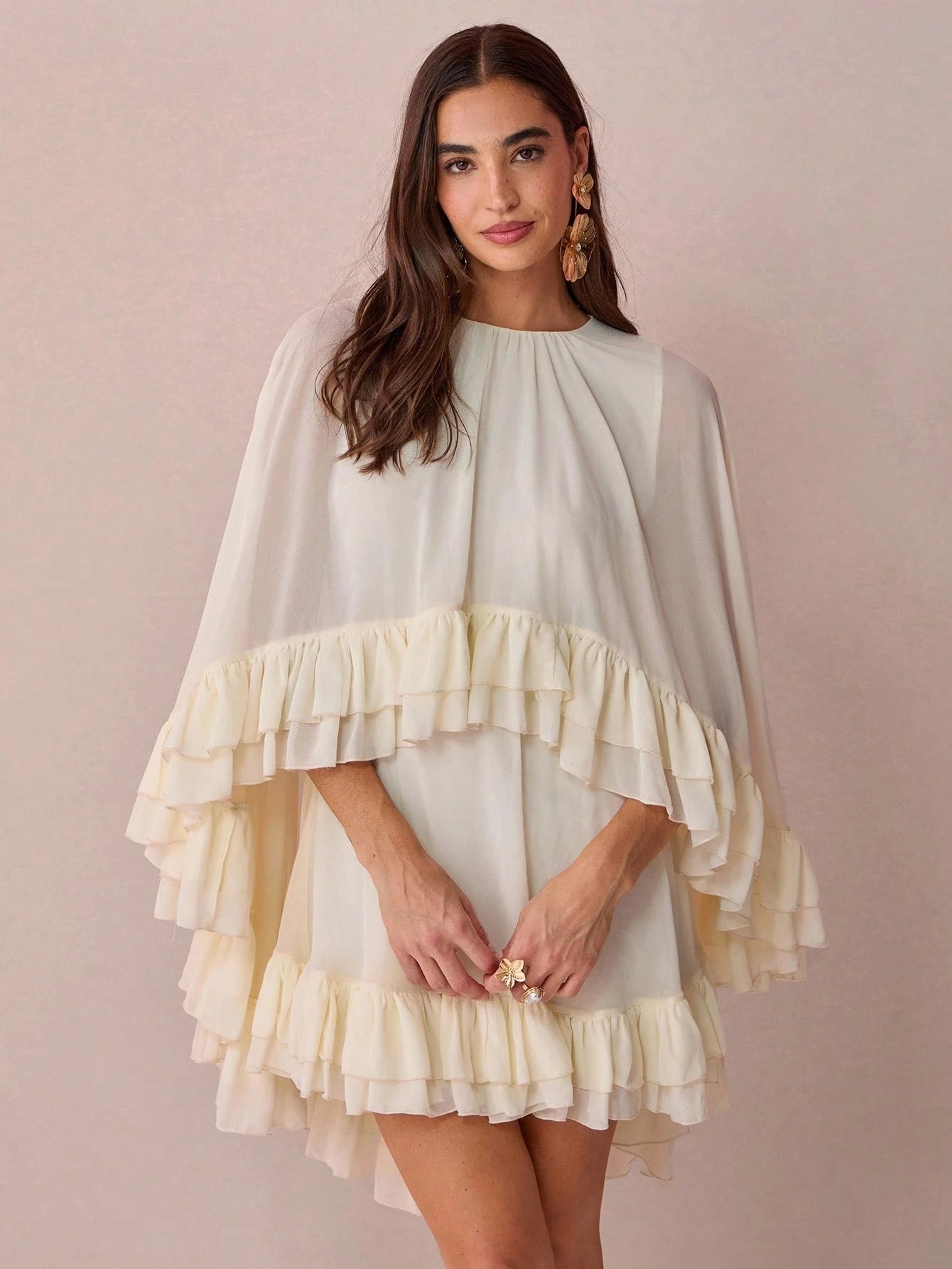 Enchnt Women's Solid Color Minimalist Everyday Poncho Sleeve Dress Layered Ruffle Dress Flowy Short Dress - image 7