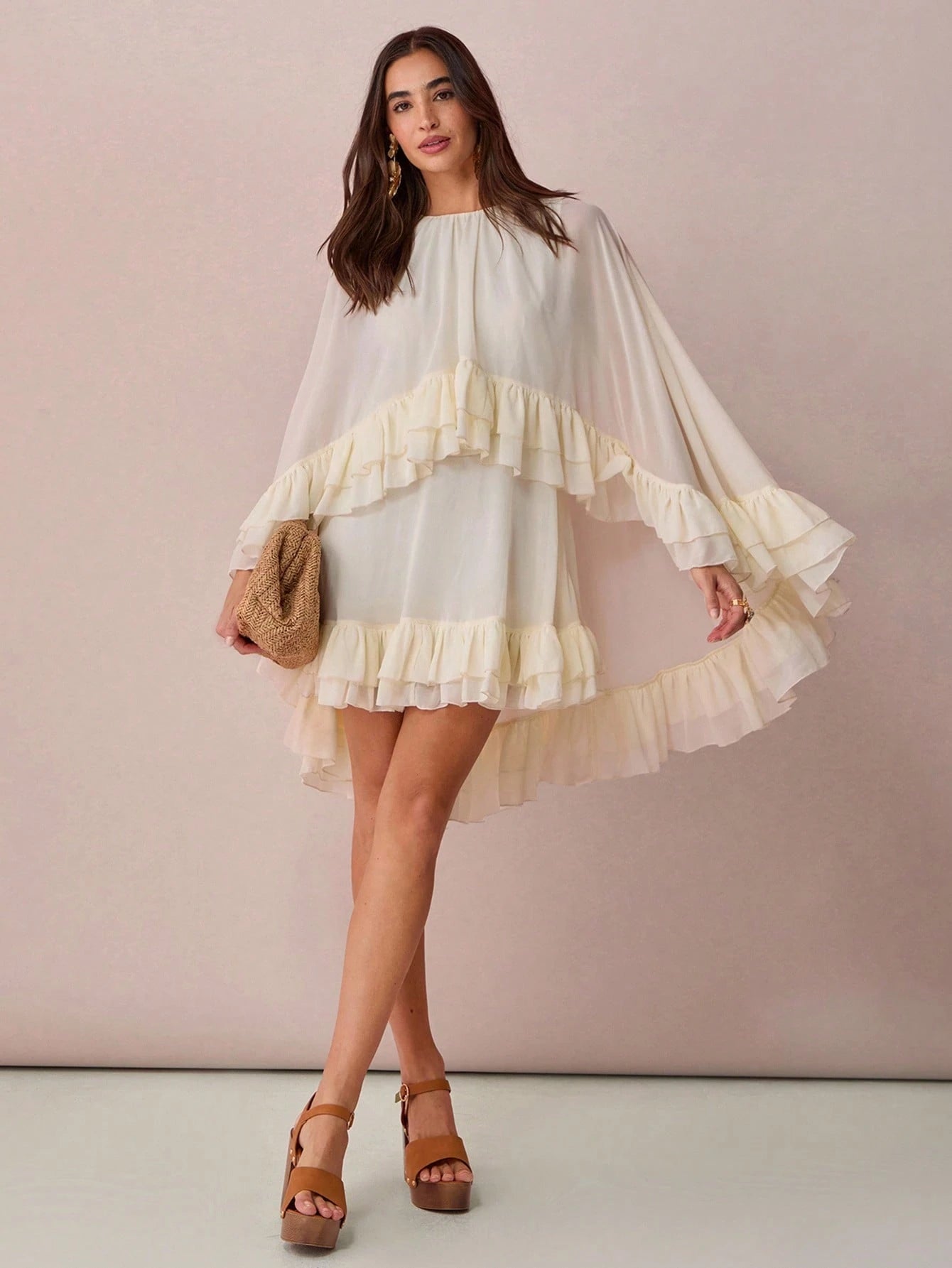 Enchnt Women's Solid Color Minimalist Everyday Poncho Sleeve Dress