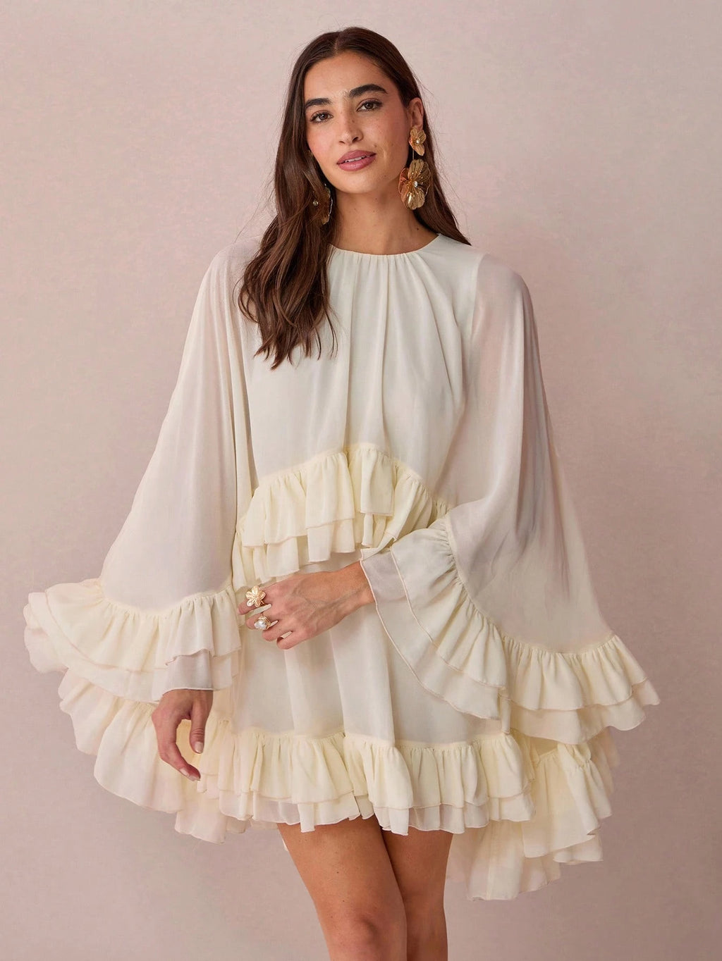 Enchnt Women's Solid Color Minimalist Everyday Poncho Sleeve Dress