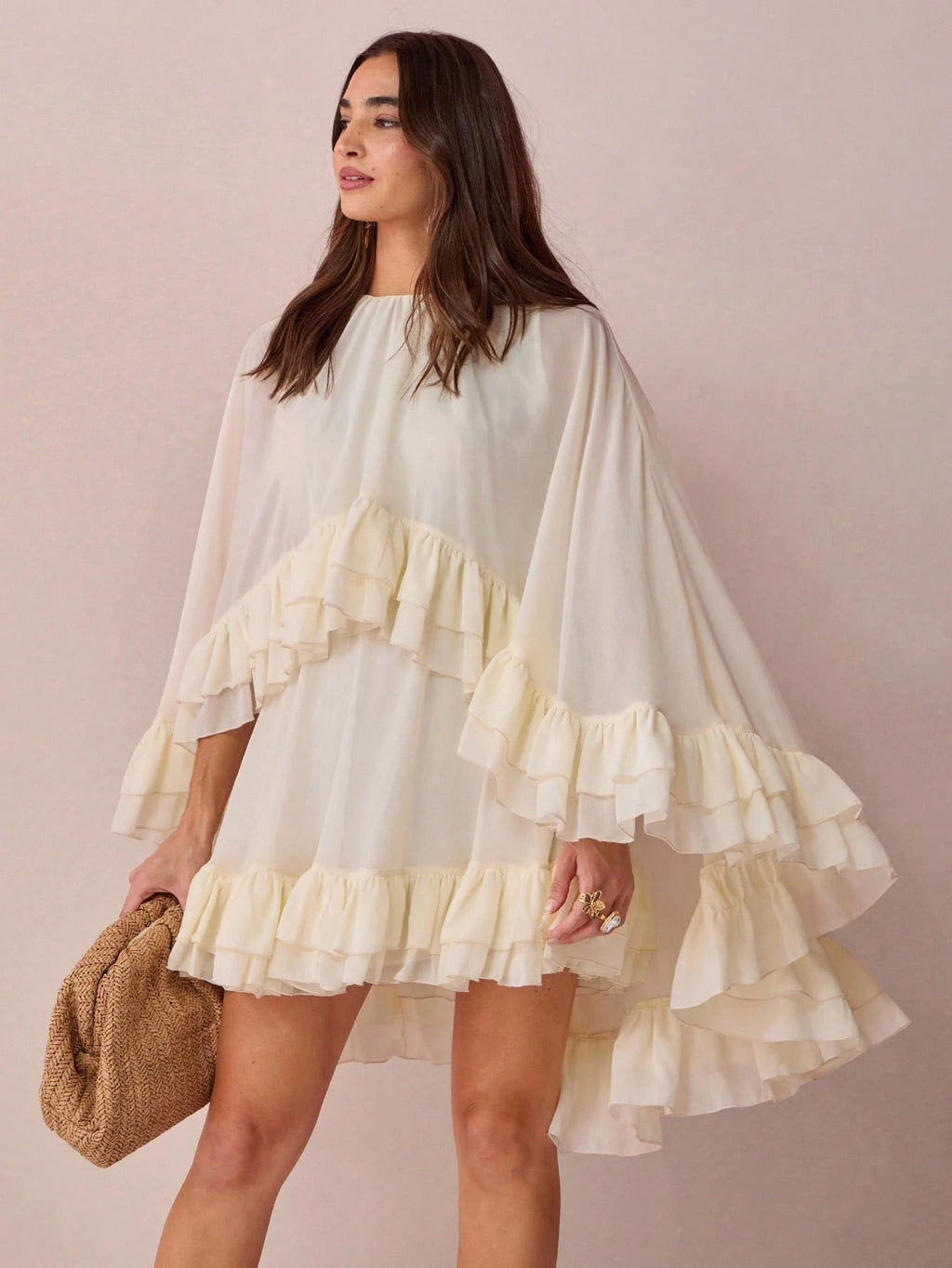 Enchnt Women's Solid Color Minimalist Everyday Poncho Sleeve Dress