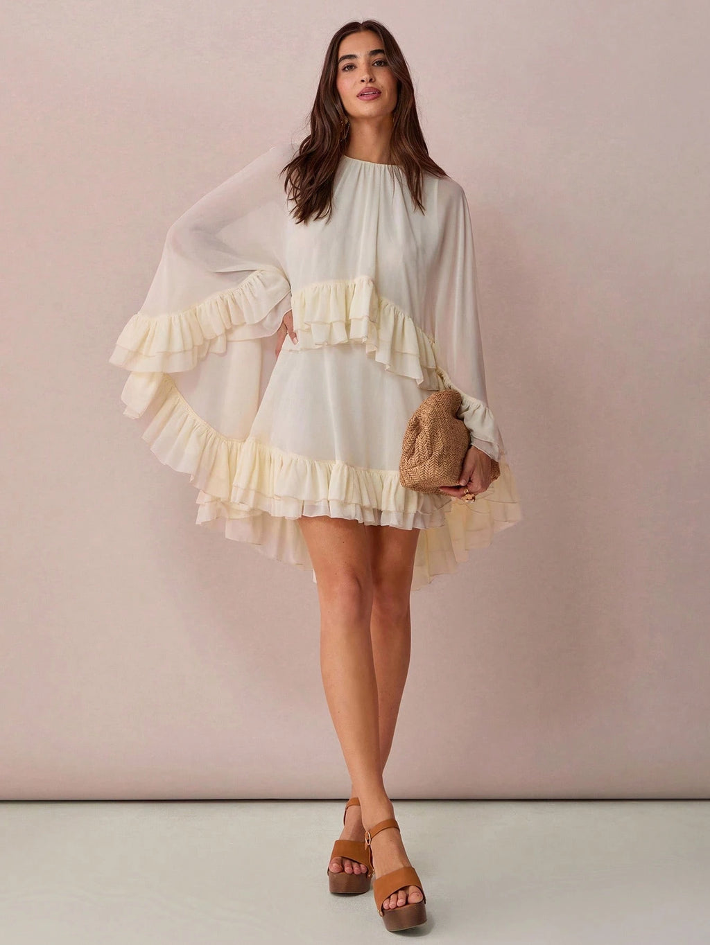 Enchnt Women's Solid Color Minimalist Everyday Poncho Sleeve Dress
