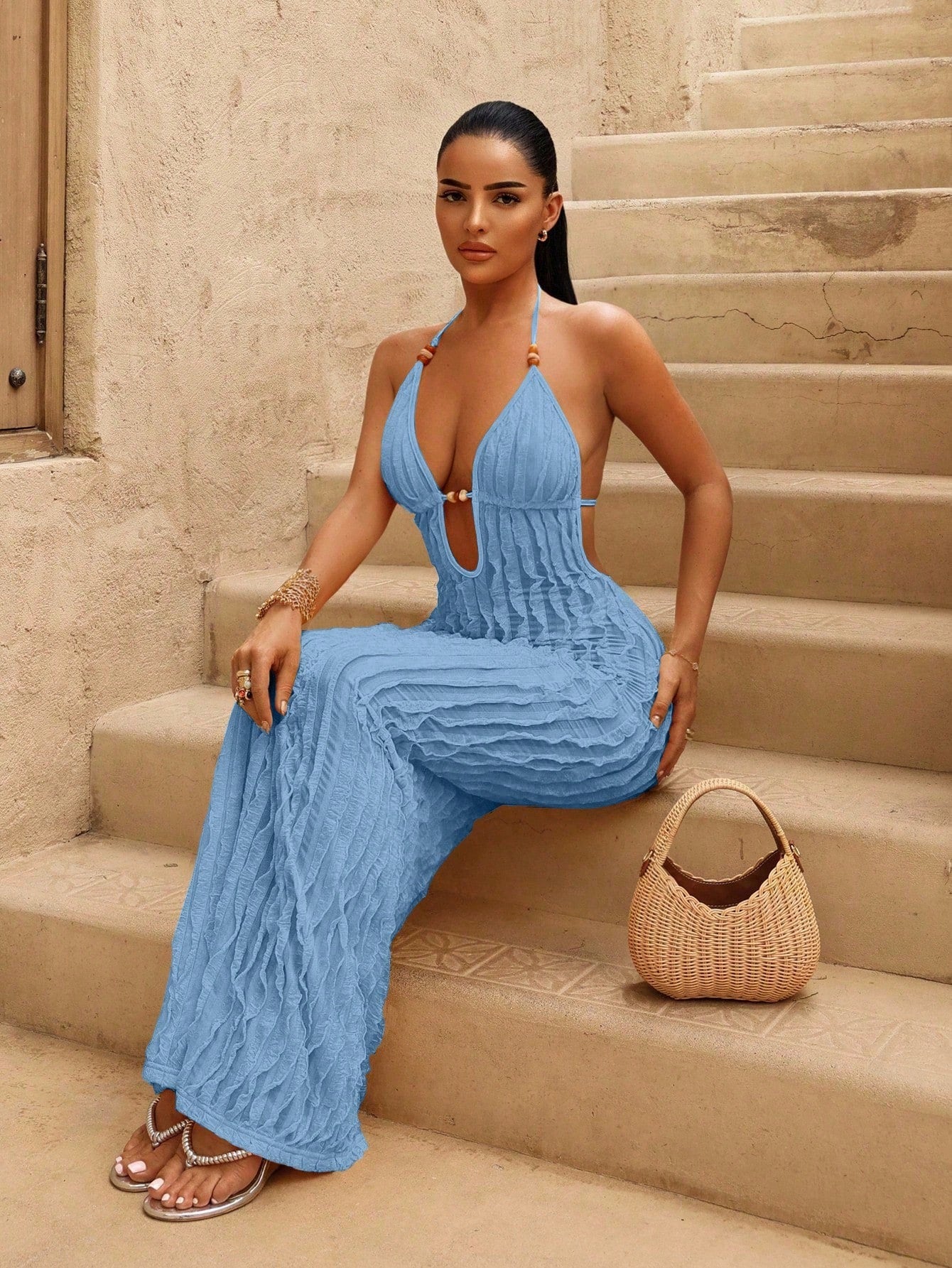 Swim SXY Women's New Summer Yellow Sexy Deep VU Neck Long Bag Yellow Fringe Fabric Dress, Amber Beaded - image 11