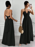 Rafferiza Women's Summer Sexy Beach Vacation Style Solid Color Halter Backless A-Line Dress Halter Dress