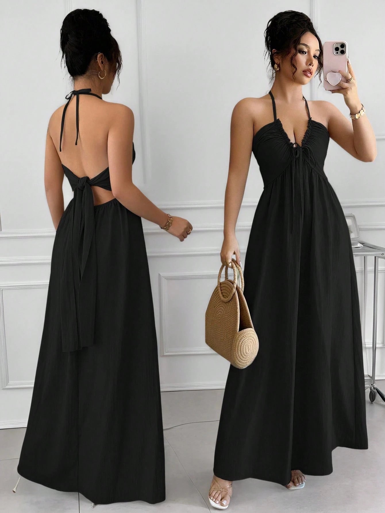 Rafferiza Women's Summer Sexy Beach Vacation Style Solid Color Halter Backless A-Line Dress Halter Dress