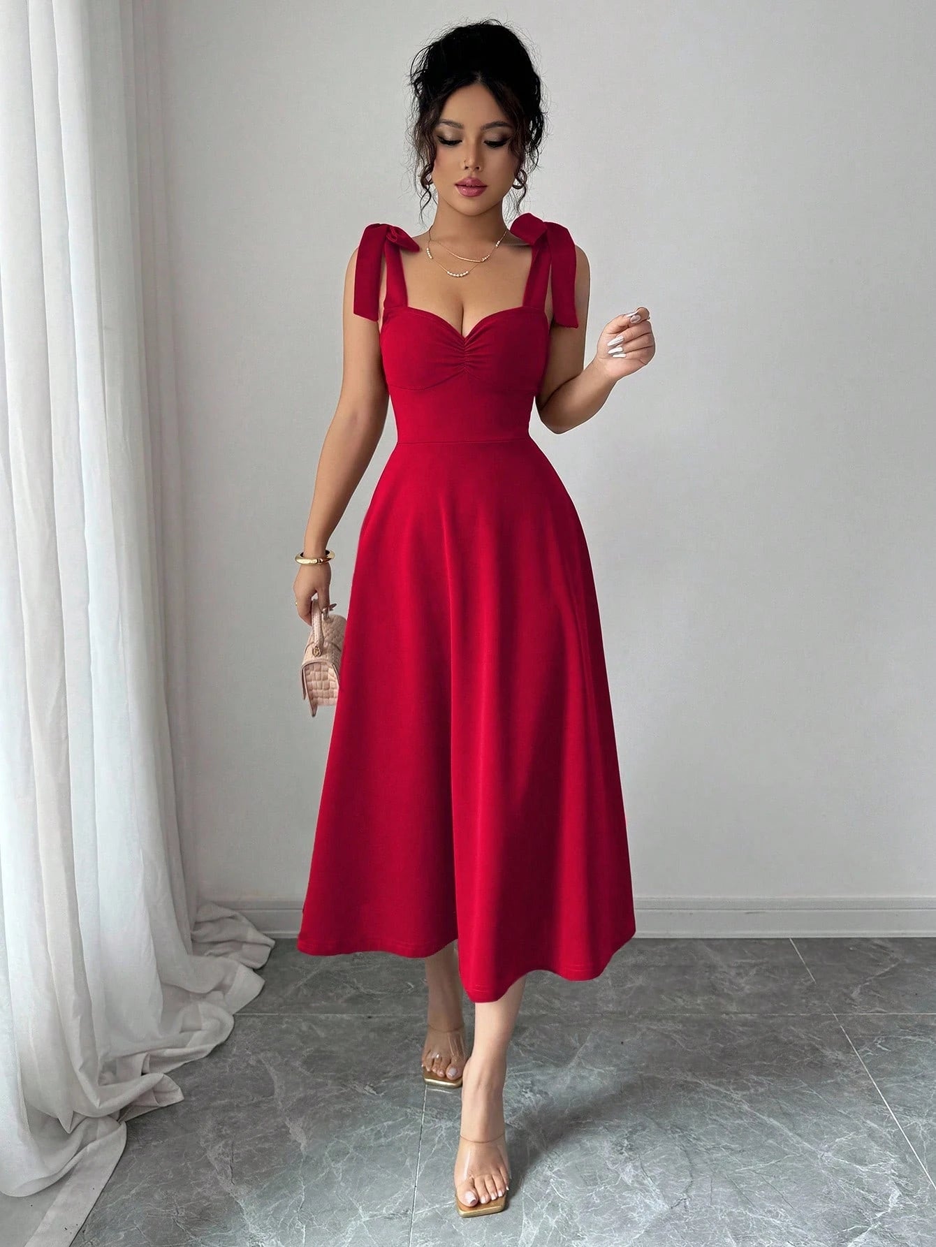 Elenzga Sleeveless Tie-Up Cinched Waist A-Line Elegant Romantic Women