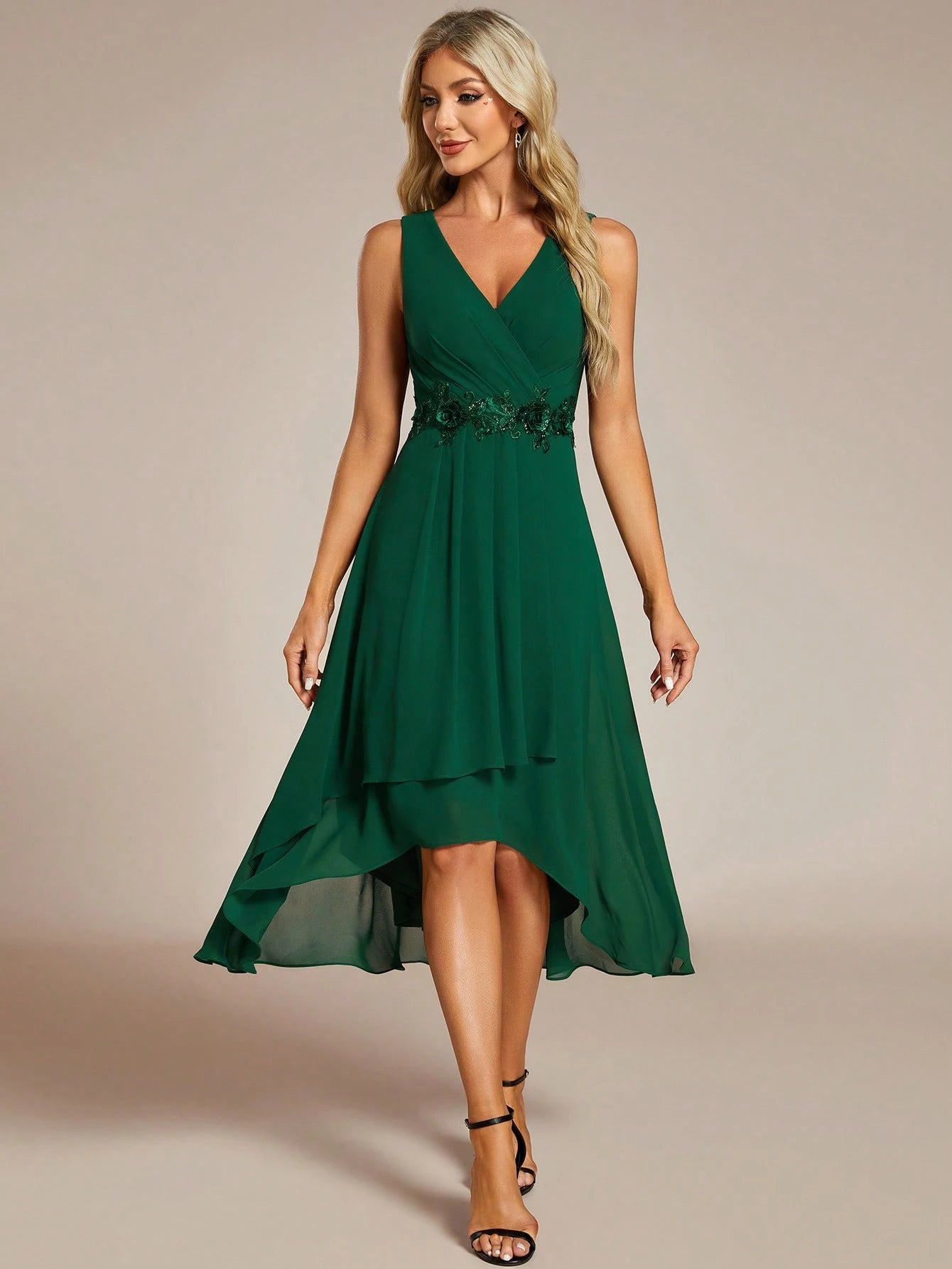 EVERPRETTY Elegant Spring V-Neck Embroidered Chiffon Pleated Navy Blue Bridesmaid Dress, Formal Evening Gown - image 6