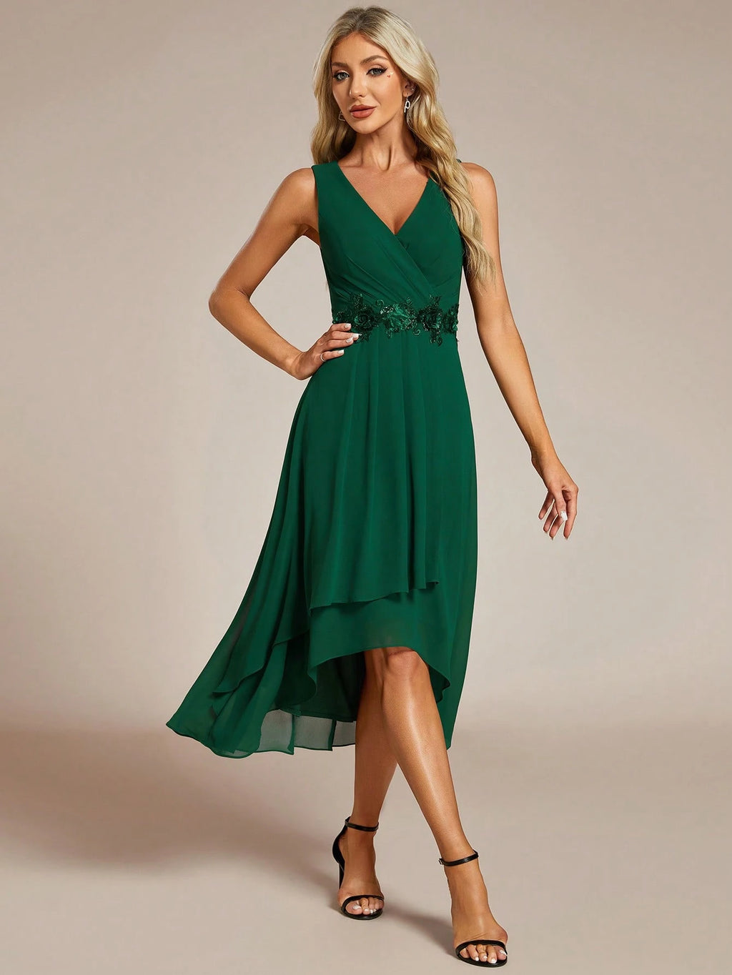 EVERPRETTY Elegant Spring V-Neck Embroidered Chiffon Pleated Navy Blue Bridesmaid Dress, Formal Evening Gown - image 8
