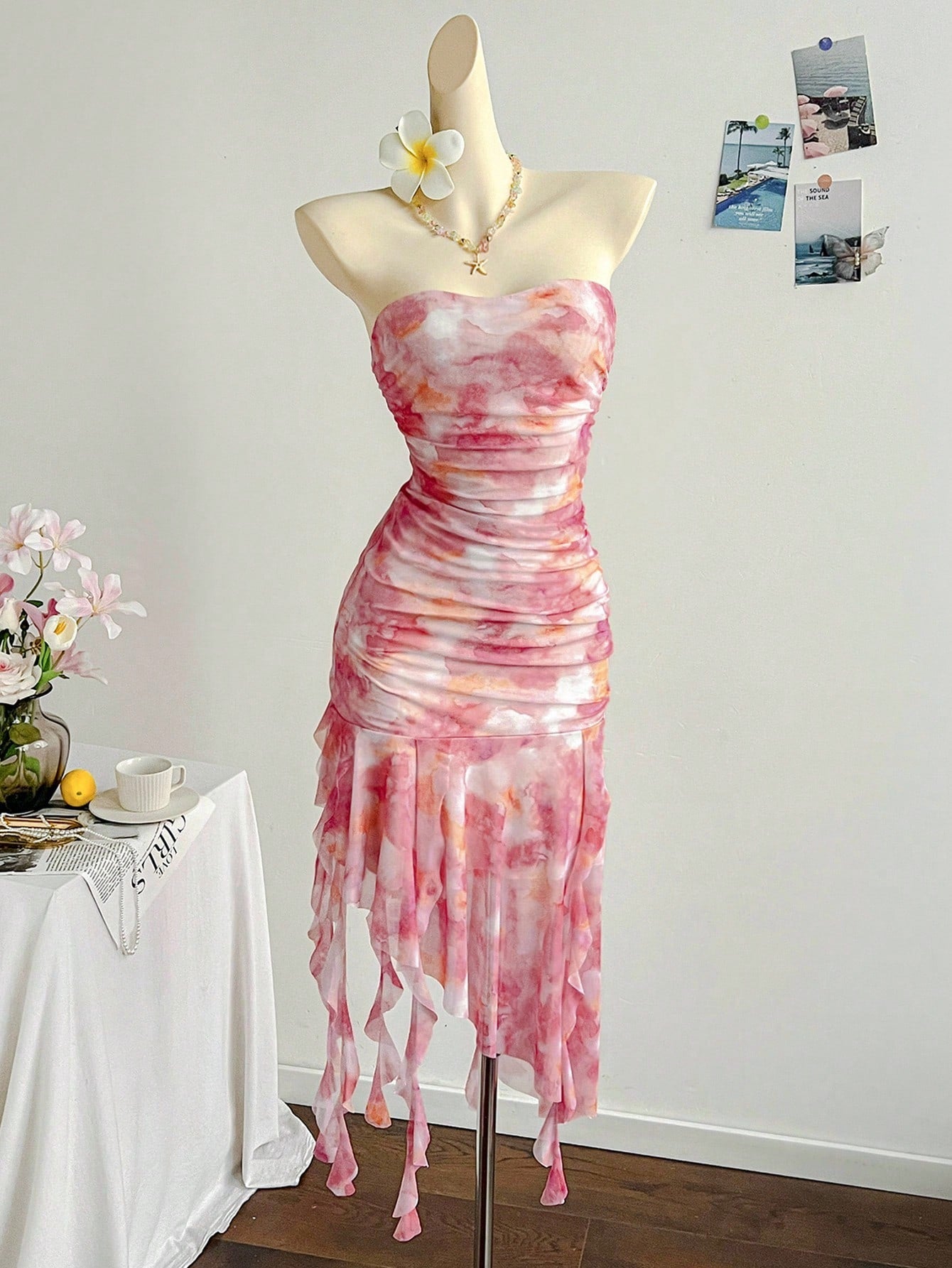 Soleia Pink Floral Mesh Ruffled Tie Strap Dress For Women,Summer