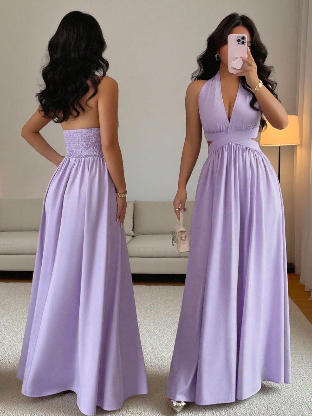 Rafferiza Women's Lilac Purple Elegant Party Dress,Summer V-Neck Halter Waist Hollow Design Pleated Maxi - image 8