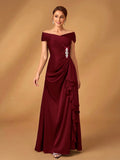 Serin Elegant Satin Off Shoulder Pleated A-Line Asymmetric Ruffle Hem Dress, Suitable For Evening Party,