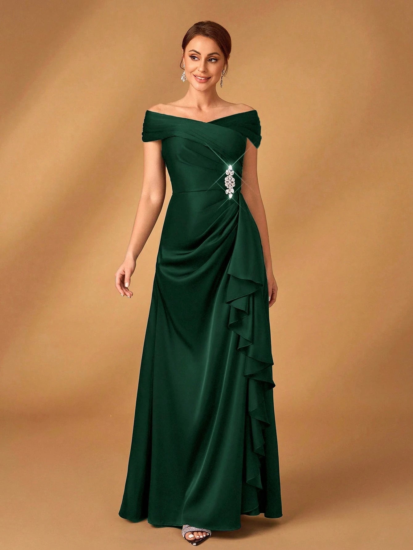 Serin Elegant Satin Off Shoulder Pleated A-Line Asymmetric Ruffle Hem Dress, Suitable For Evening Party, - image 11