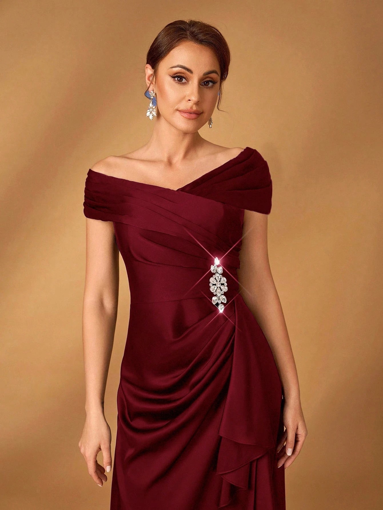 Serin Elegant Satin Off Shoulder Pleated A-Line Asymmetric Ruffle Hem Dress, Suitable For Evening Party, - image 2