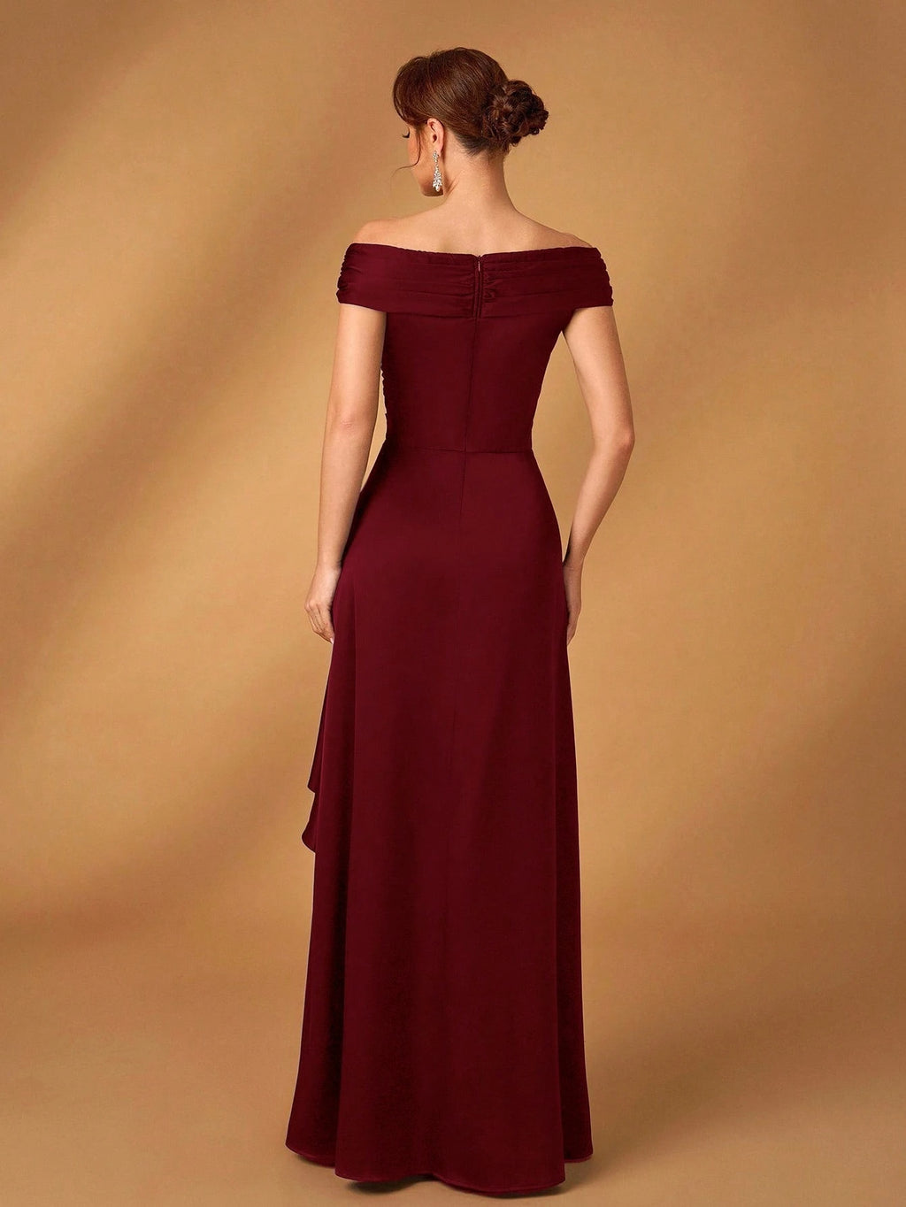 Serin Elegant Satin Off Shoulder Pleated A-Line Asymmetric Ruffle Hem Dress, Suitable For Evening Party, - image 3