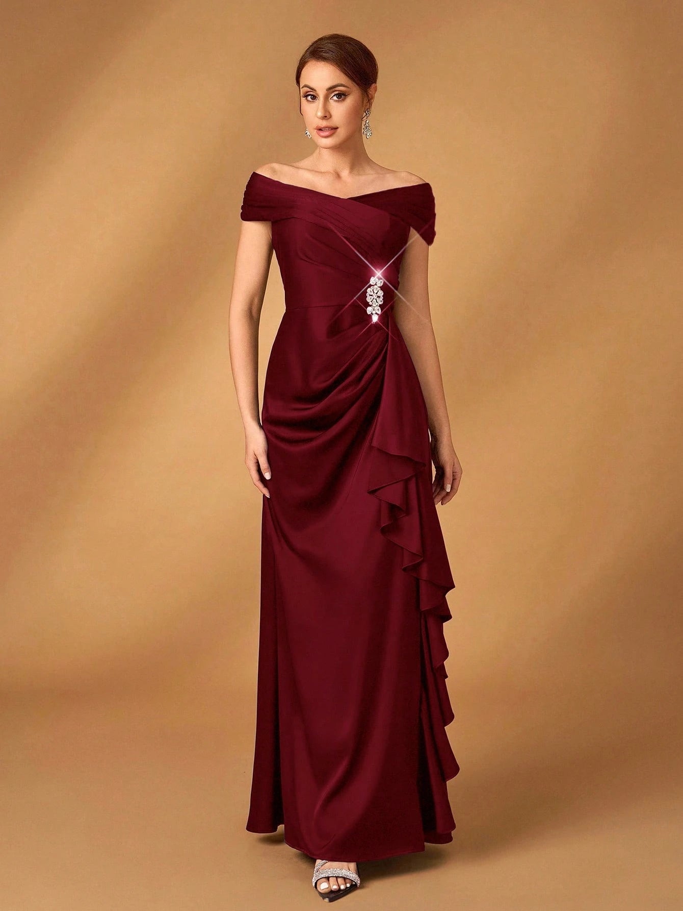 Serin Elegant Satin Off Shoulder Pleated A-Line Asymmetric Ruffle Hem Dress, Suitable For Evening Party, - image 4