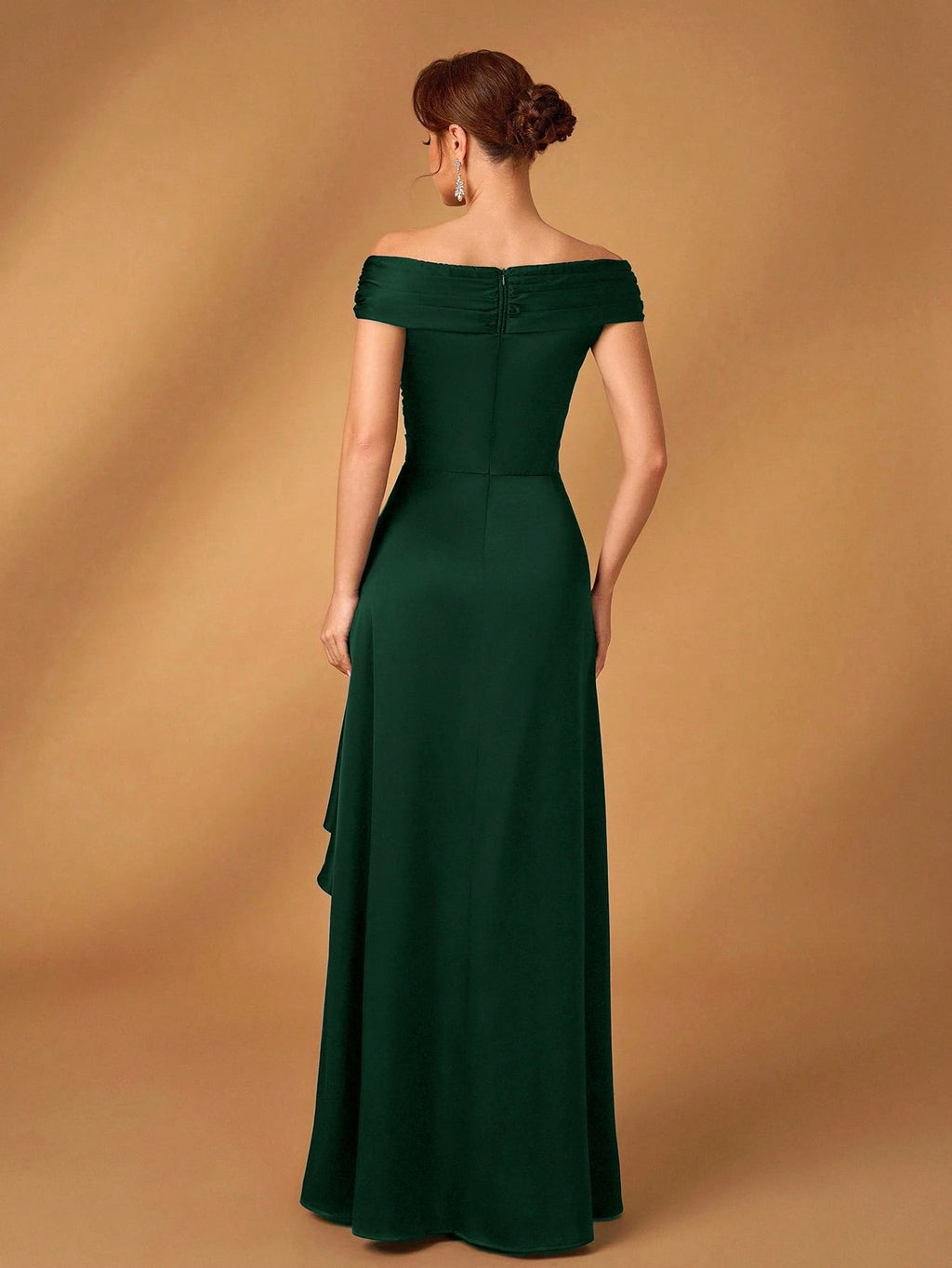 Serin Elegant Satin Off Shoulder Pleated A-Line Asymmetric Ruffle Hem Dress, Suitable For Evening Party, - image 13