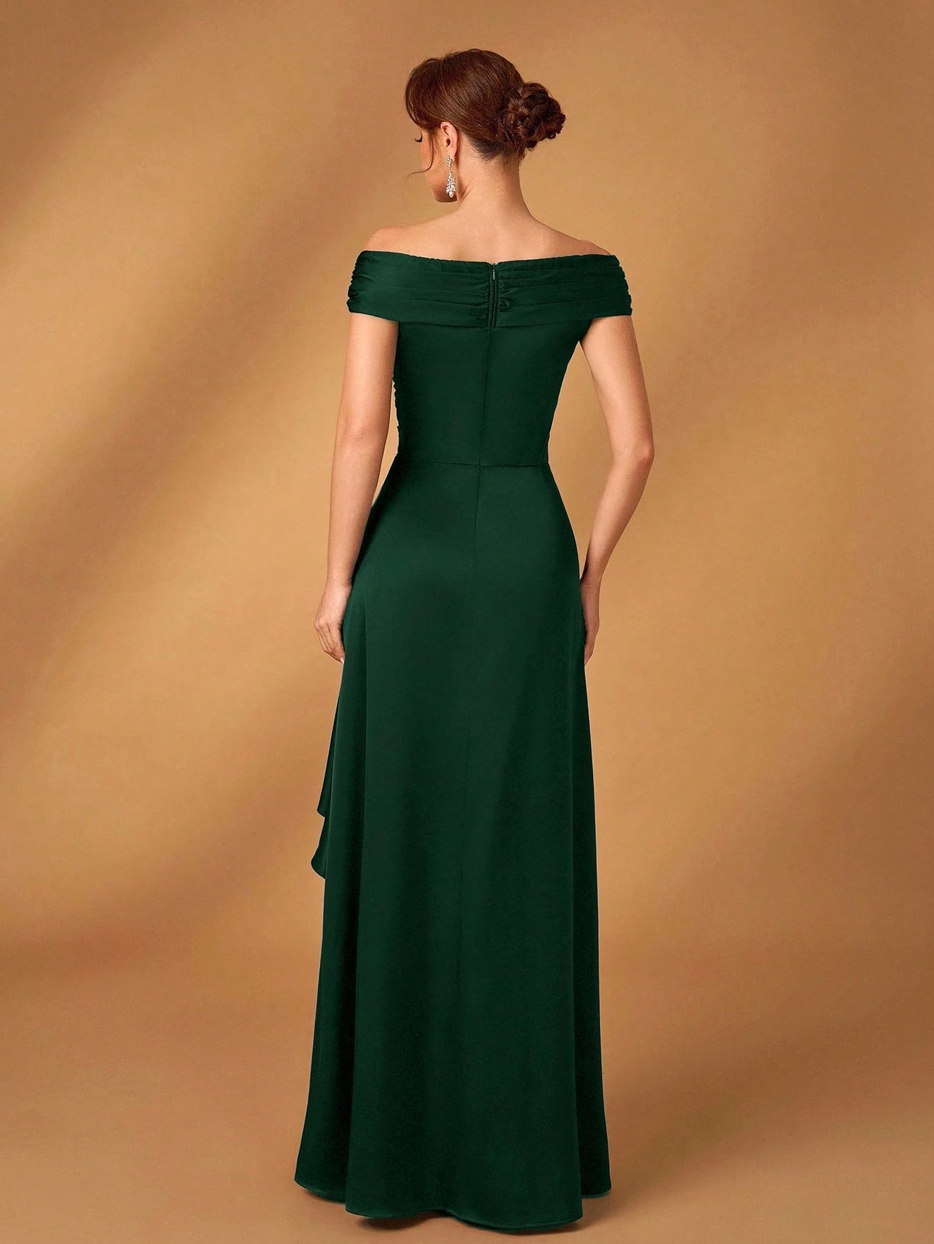 Serin Elegant Satin Off Shoulder Pleated A-Line Asymmetric Ruffle Hem Dress, Suitable For Evening Party, - image 13