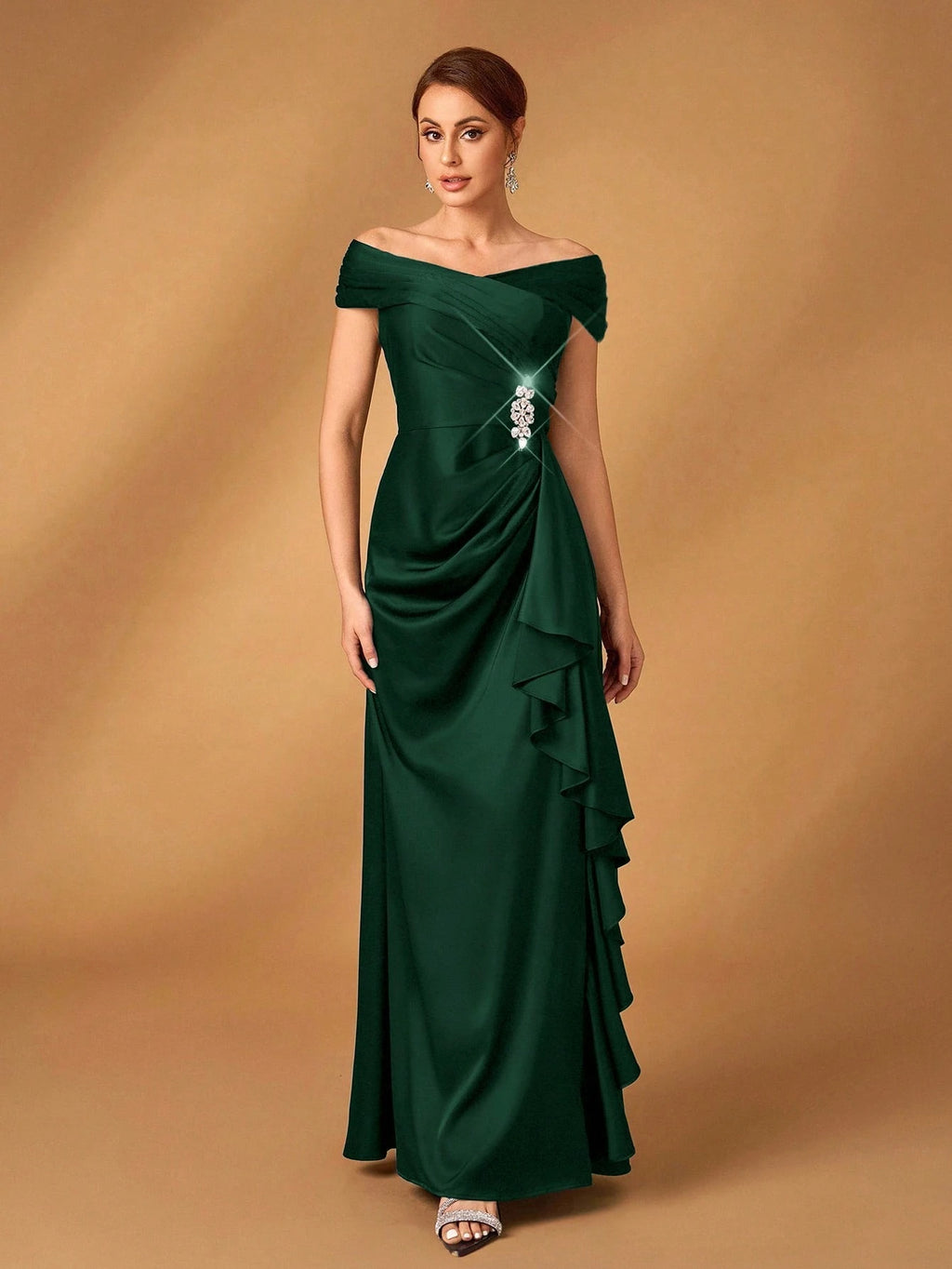 Serin Elegant Satin Off Shoulder Pleated A-Line Asymmetric Ruffle Hem Dress, Suitable For Evening Party, - image 14