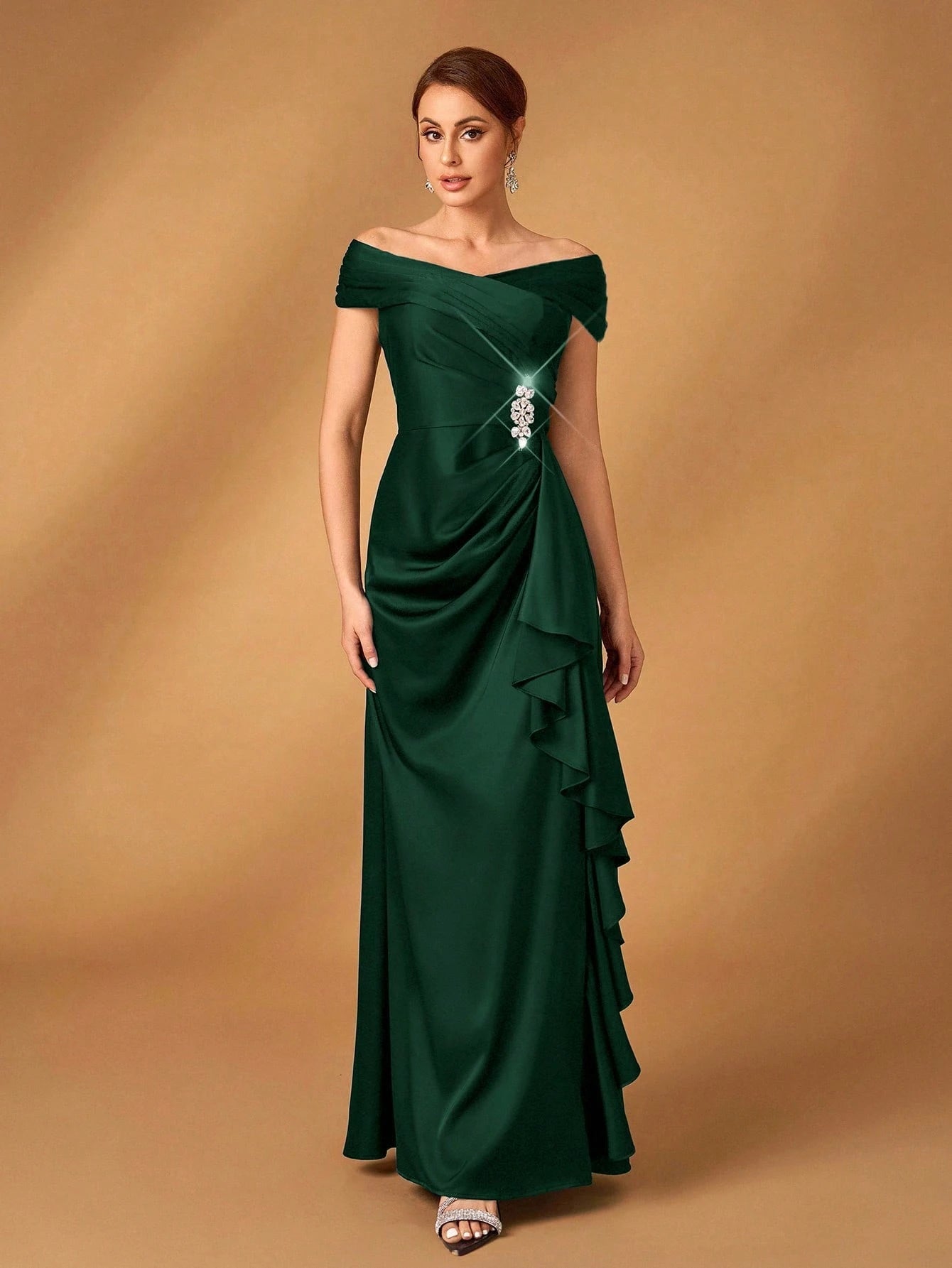 Serin Elegant Satin Off Shoulder Pleated A-Line Asymmetric Ruffle Hem Dress, Suitable For Evening Party, - image 14