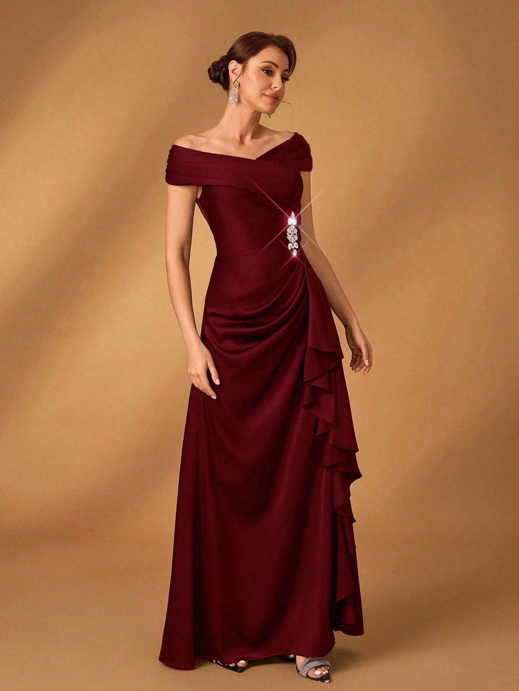 Serin Elegant Satin Off Shoulder Pleated A-Line Asymmetric Ruffle Hem Dress, Suitable For Evening Party, - image 5