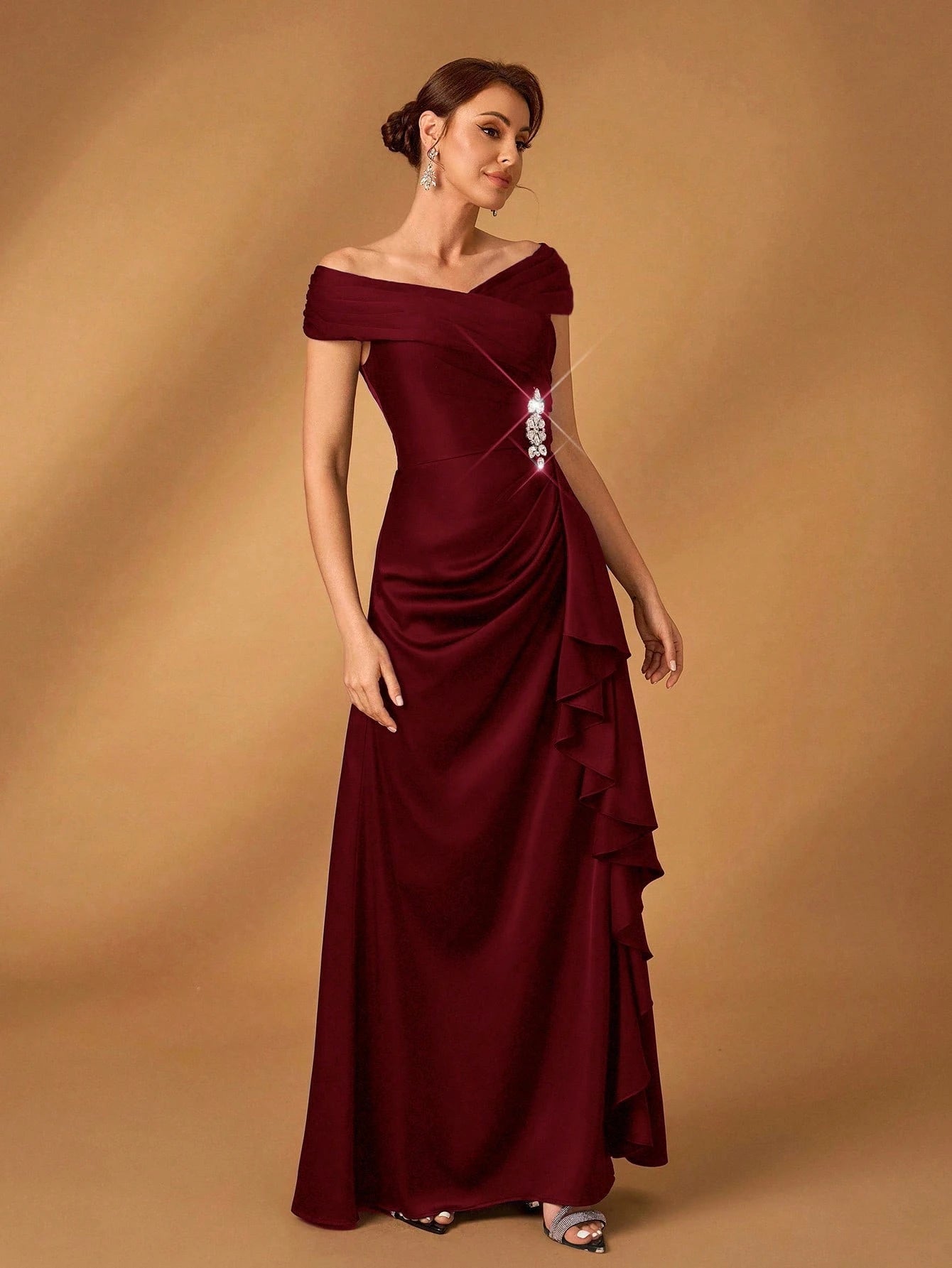Serin Elegant Satin Off Shoulder Pleated A-Line Asymmetric Ruffle Hem Dress, Suitable For Evening Party, - image 5