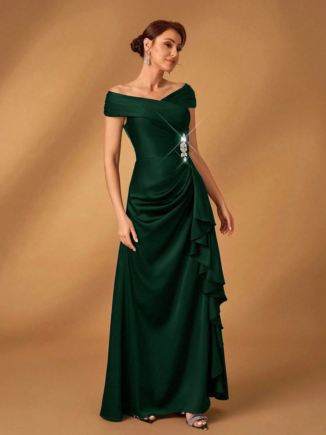 Serin Elegant Satin Off Shoulder Pleated A-Line Asymmetric Ruffle Hem Dress, Suitable For Evening Party, - image 15