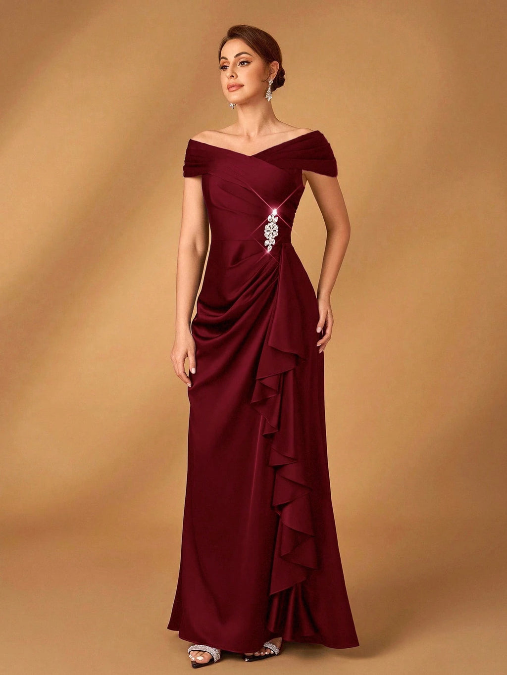 Serin Elegant Satin Off Shoulder Pleated A-Line Asymmetric Ruffle Hem Dress, Suitable For Evening Party, - image 6