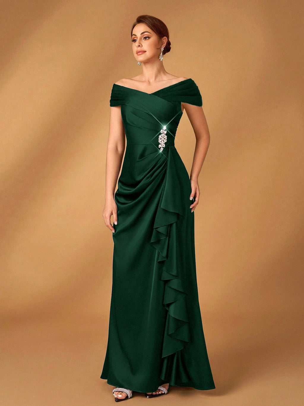Serin Elegant Satin Off Shoulder Pleated A-Line Asymmetric Ruffle Hem Dress, Suitable For Evening Party, - image 16